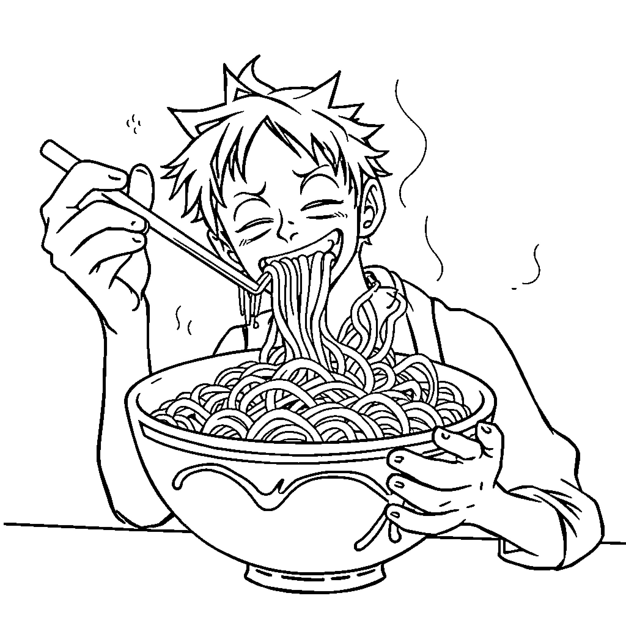 Luffy Enthusiastically Enjoys His Favorite Noodle Dish Coloring Page (free black-and-white line drawing printable PDF for all, from beginners to advanced learners, including children, teens, adults, and seniors)