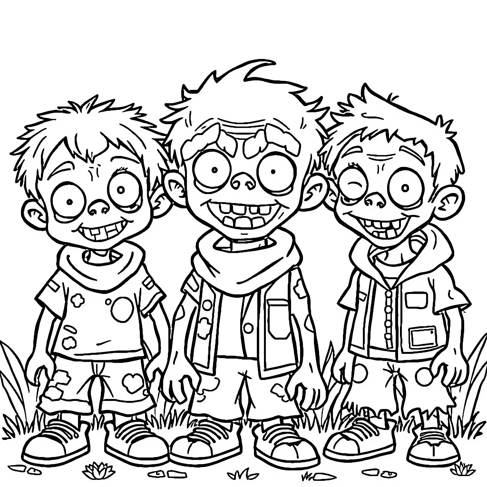 Zombie Boys Celebrating in the Grass Coloring Page (free black-and-white line drawing printable PDF for all, from beginners to advanced learners, including children, teens, adults, and seniors)