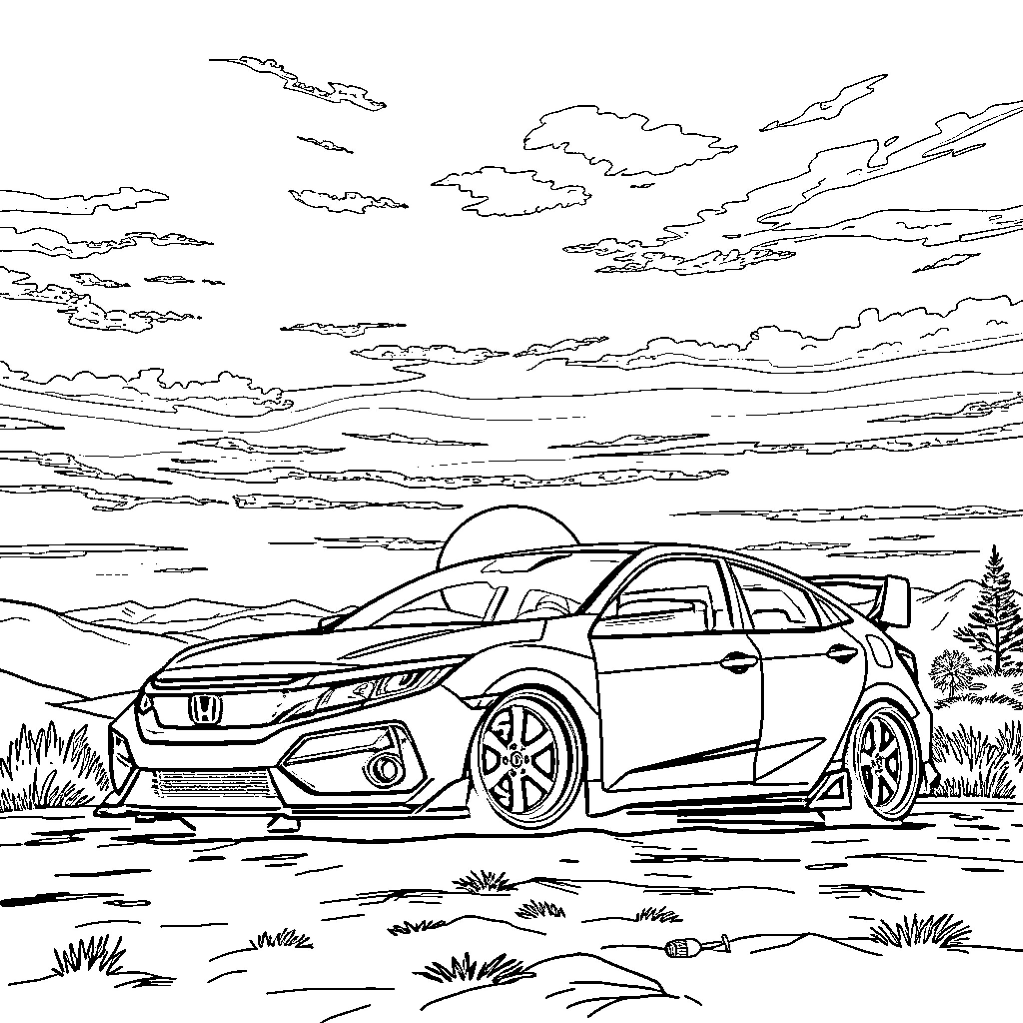 Honda Civic in Scenic Landscape Coloring Page (free black-and-white line drawing printable PDF for all, from beginners to advanced learners, including children, teens, adults, and seniors)