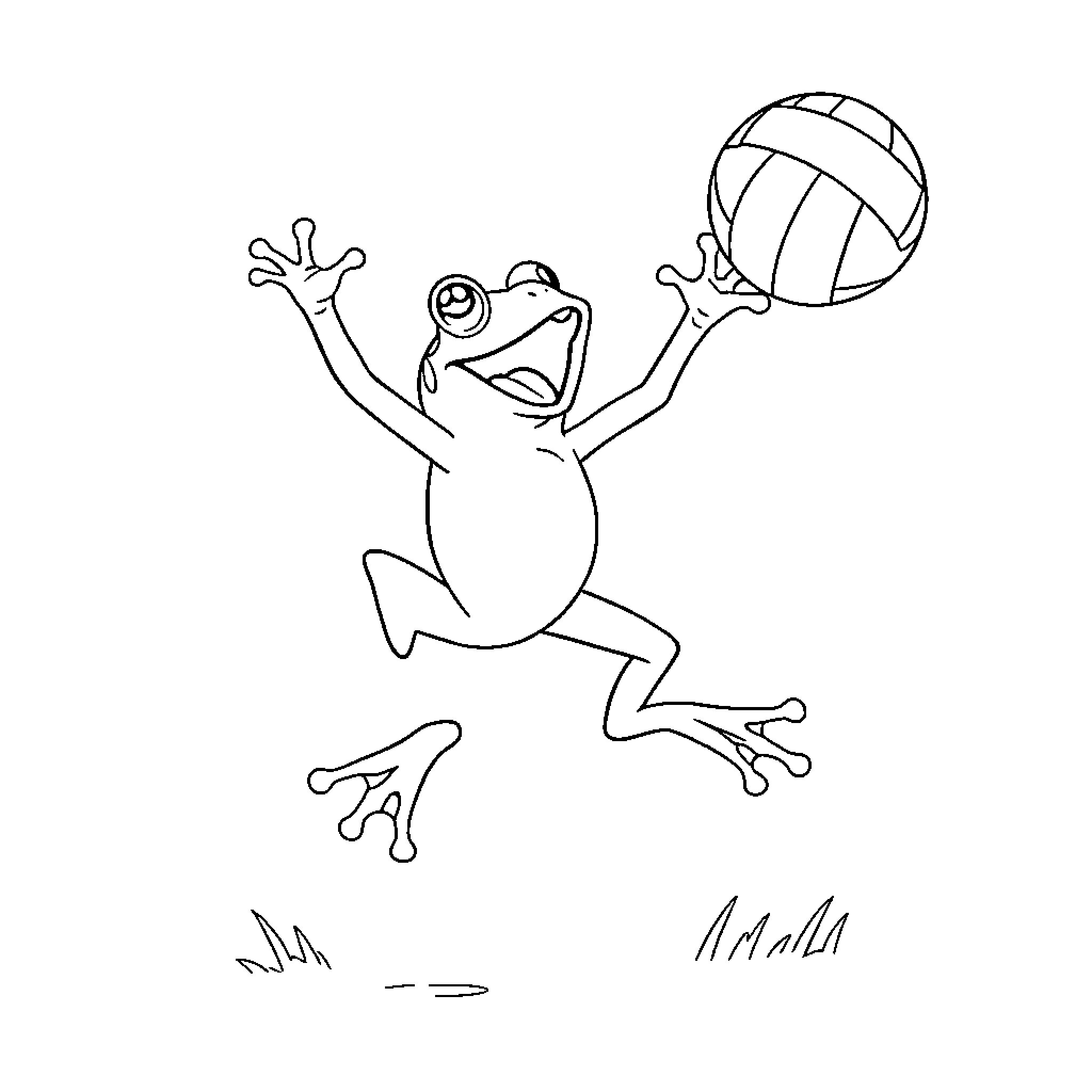 Frog jumping happily with a volleyball Coloring Page (free black-and-white line drawing printable PDF for all, from beginners to advanced learners, including children, teens, adults, and seniors)
