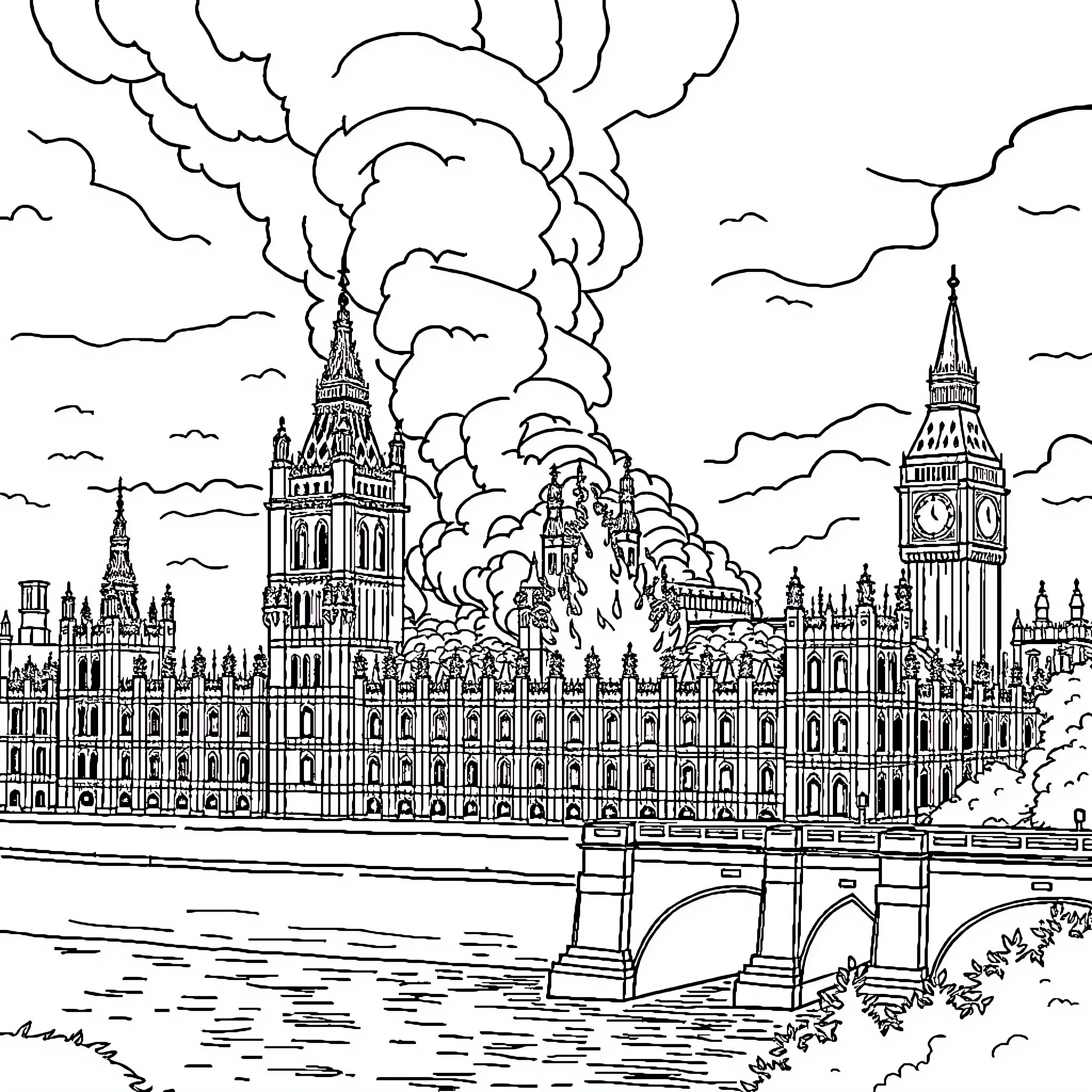 Parliament Buildings Amid Dramatic Smoke and Clouds Coloring Page (free black-and-white line drawing printable PDF for all, from beginners to advanced learners, including children, teens, adults, and seniors)