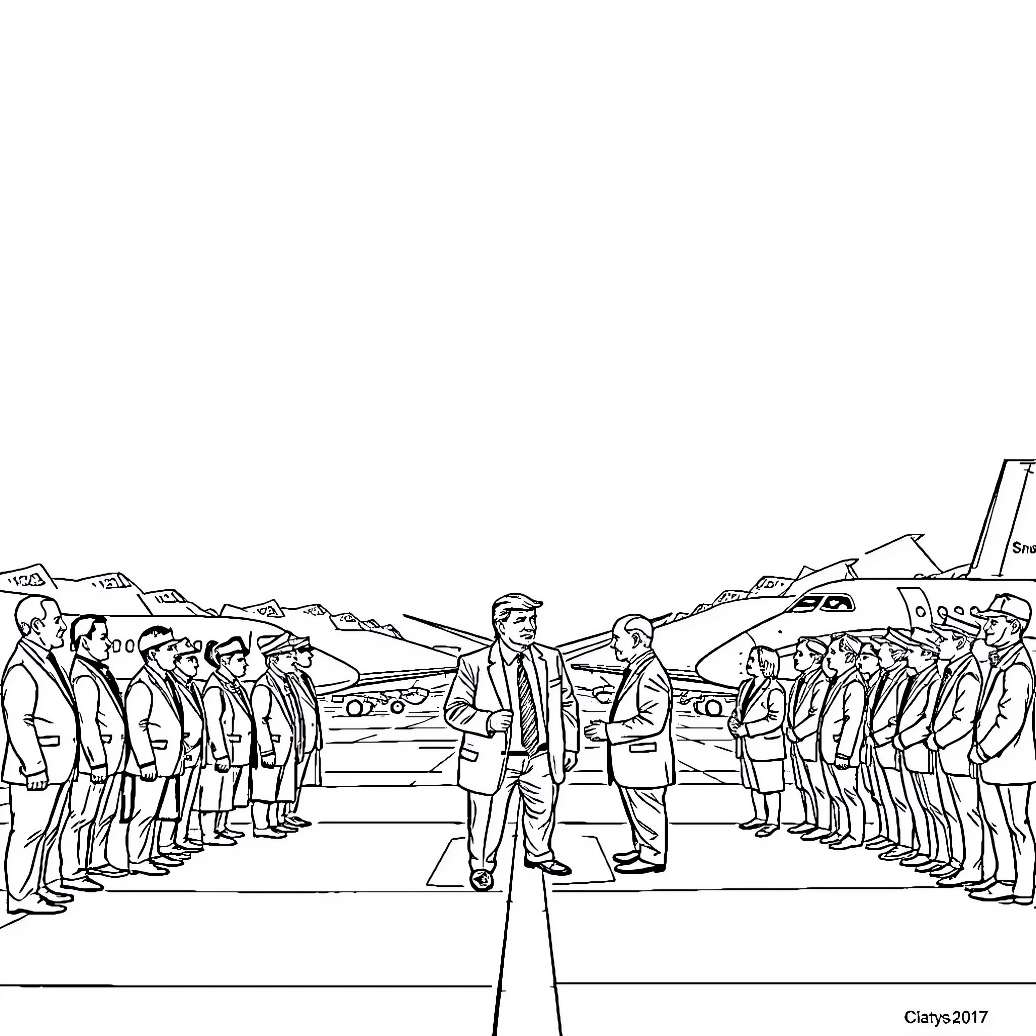 Trump Inspecting Uniformed Group with Vehicles Coloring Page (free black-and-white line drawing printable PDF for all, from beginners to advanced learners, including children, teens, adults, and seniors)