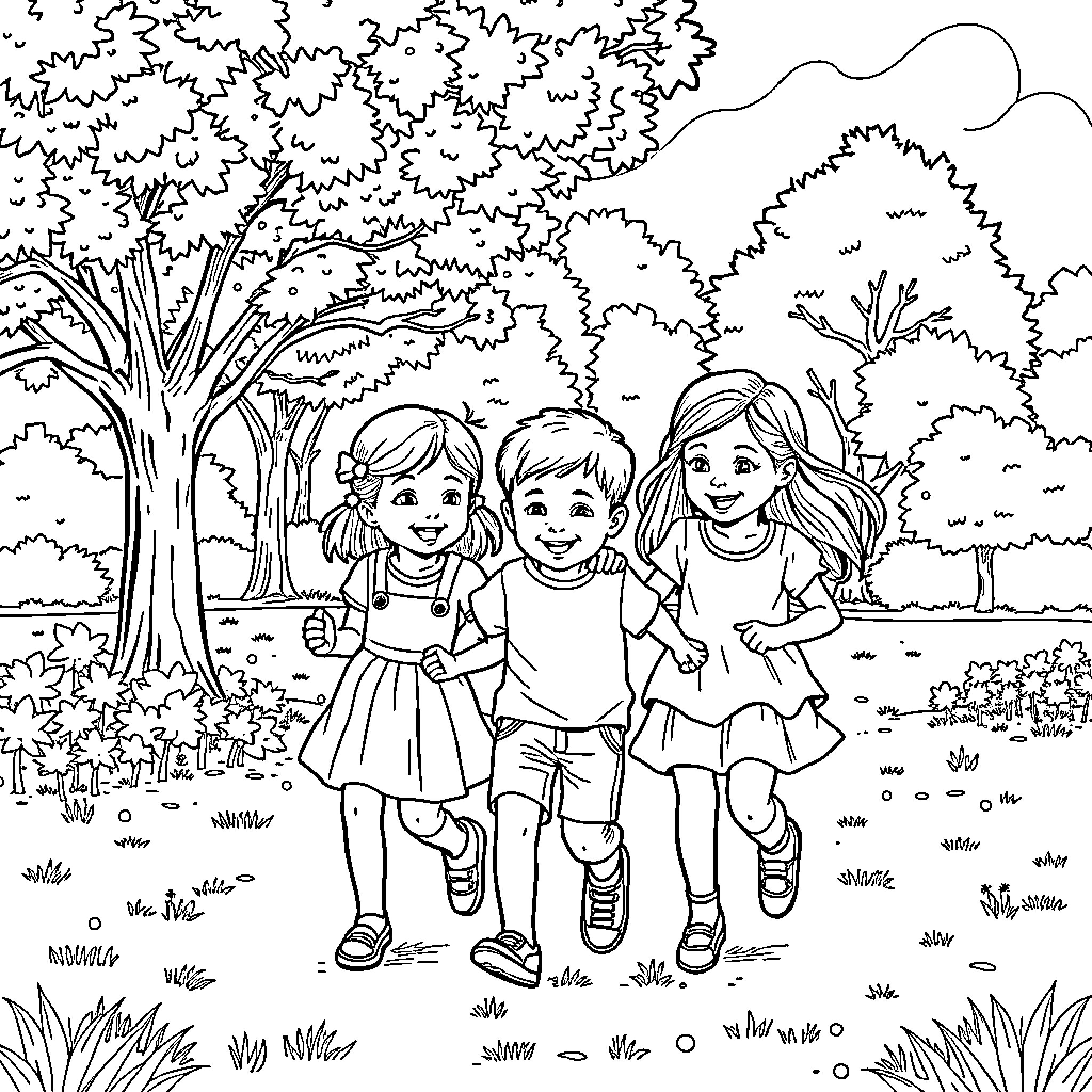 Sibling Camaraderie in the Verdant Landscape Coloring Page (free black-and-white line drawing printable PDF for all, from beginners to advanced learners, including children, teens, adults, and seniors)