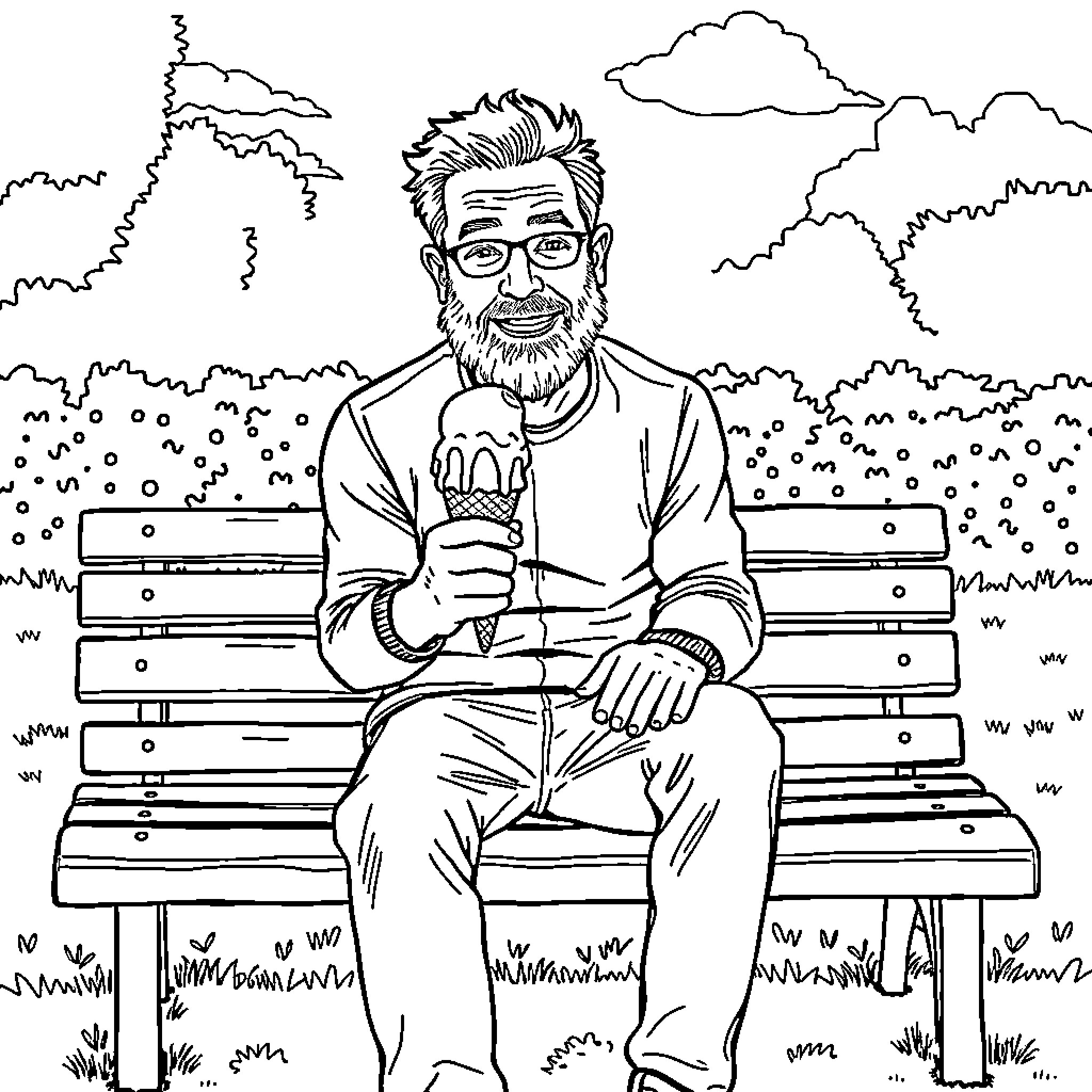 Greg Davies enjoying a pleasant day on a park bench Coloring Page (free black-and-white line drawing printable PDF for all, from beginners to advanced learners, including children, teens, adults, and seniors)