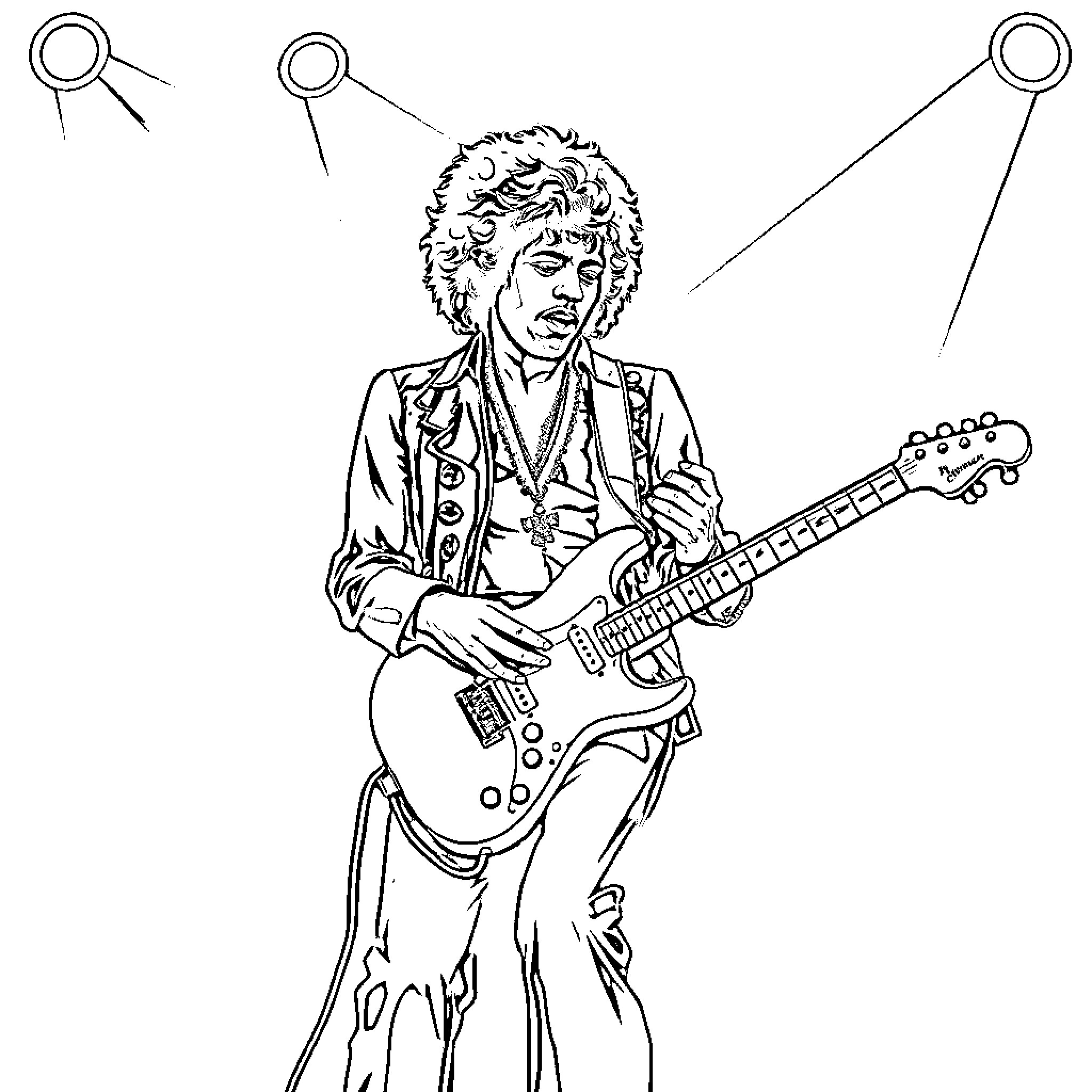 Hendrix playing electric guitar on stage Coloring Page (free black-and-white line drawing printable PDF for all, from beginners to advanced learners, including children, teens, adults, and seniors)