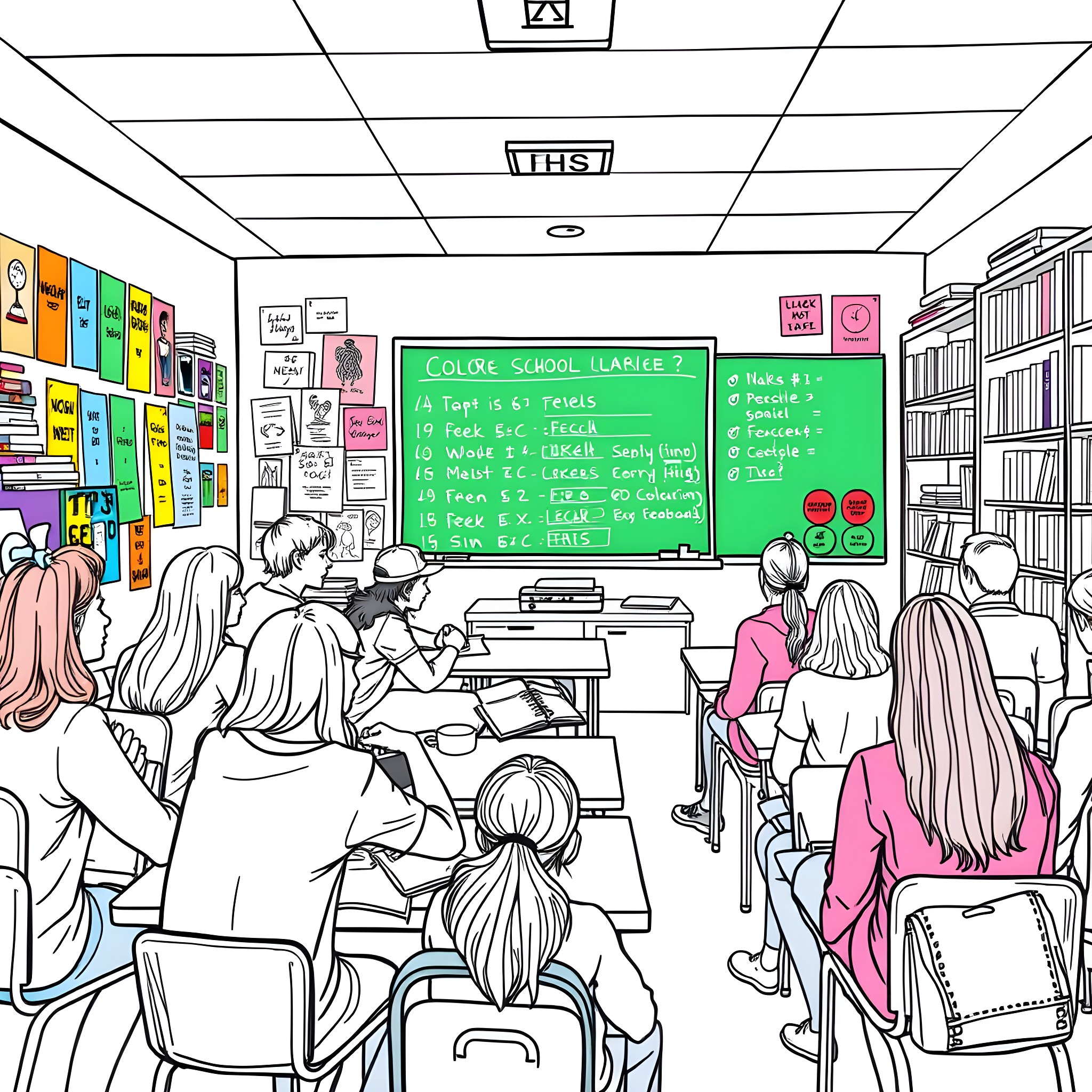 Teen students in a colorful classroom Coloring Page (free black-and-white line drawing printable PDF for all, from beginners to advanced learners, including children, teens, adults, and seniors)