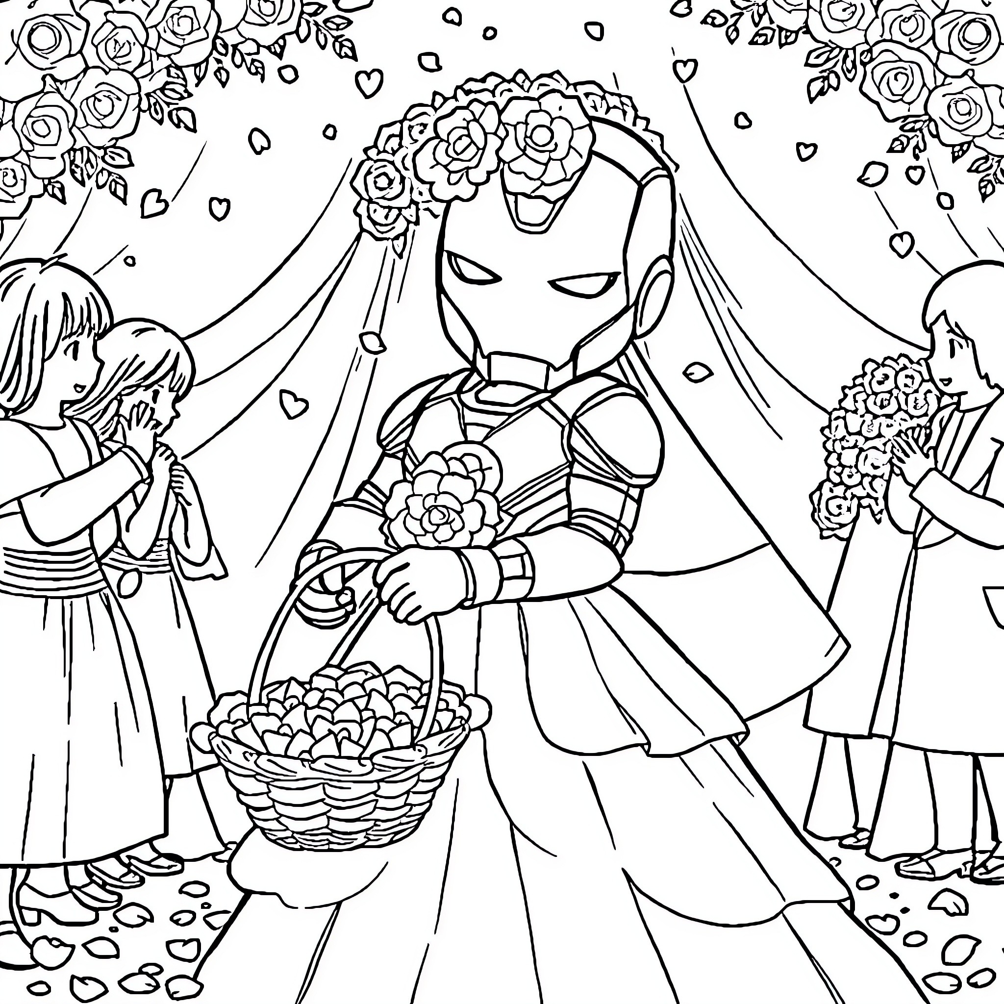 Ironman's Floral Bride and Groomsmen Wedding Ceremony Coloring Page (free black-and-white line drawing printable PDF for all, from beginners to advanced learners, including children, teens, adults, and seniors)