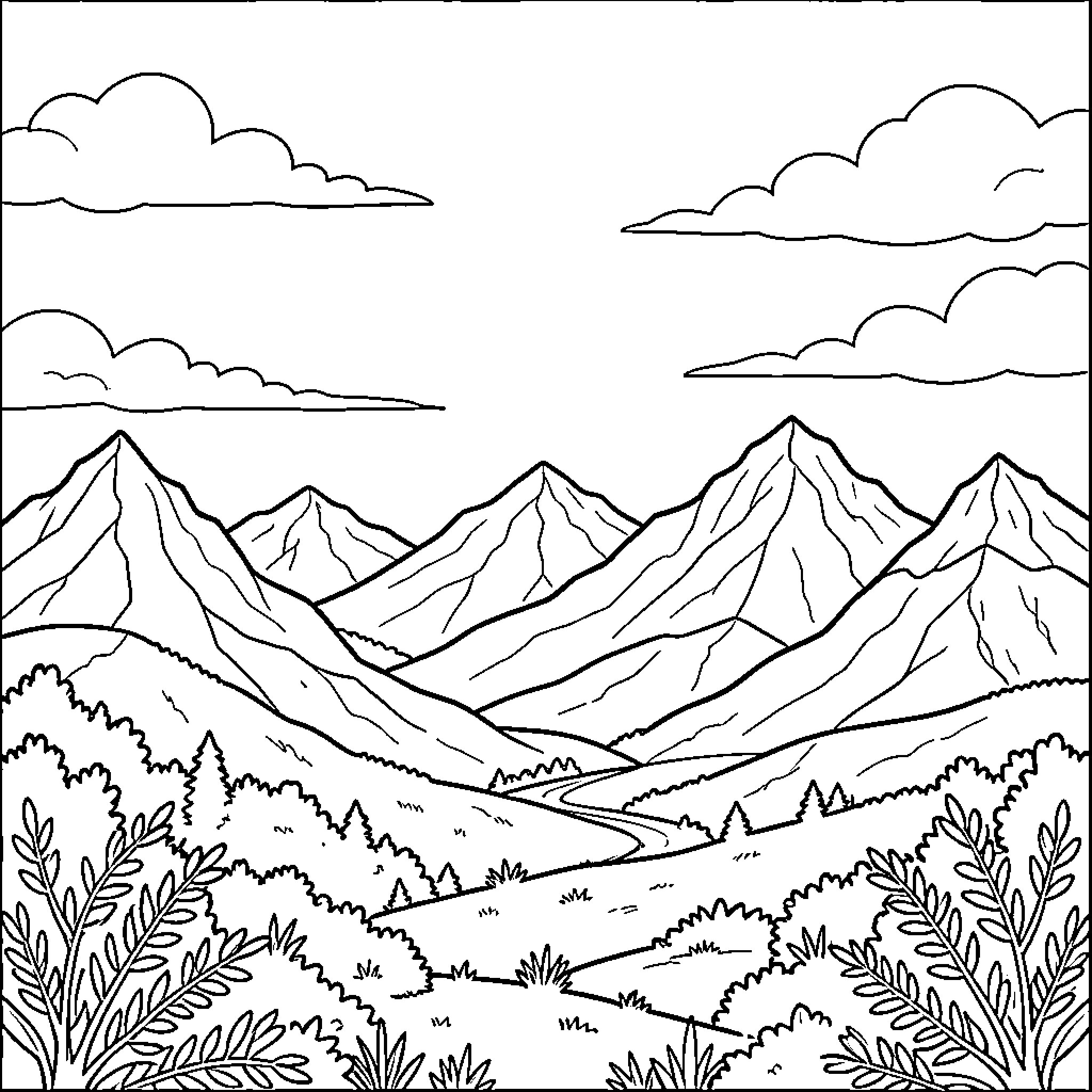 Landscape of majestic mountains and lush vegetation Coloring Page (free black-and-white line drawing printable PDF for all, from beginners to advanced learners, including children, teens, adults, and seniors)