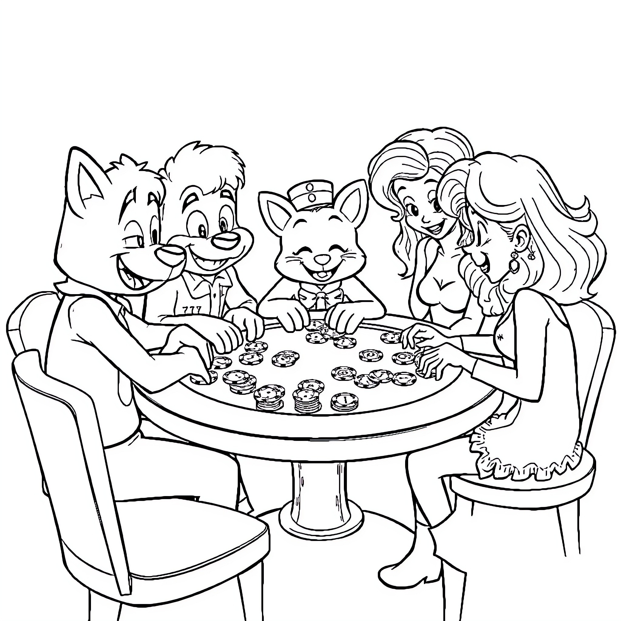 Bluey's Family Enjoying a Fun Board Game Together Coloring Page (free black-and-white line drawing printable PDF for all, from beginners to advanced learners, including children, teens, adults, and seniors)