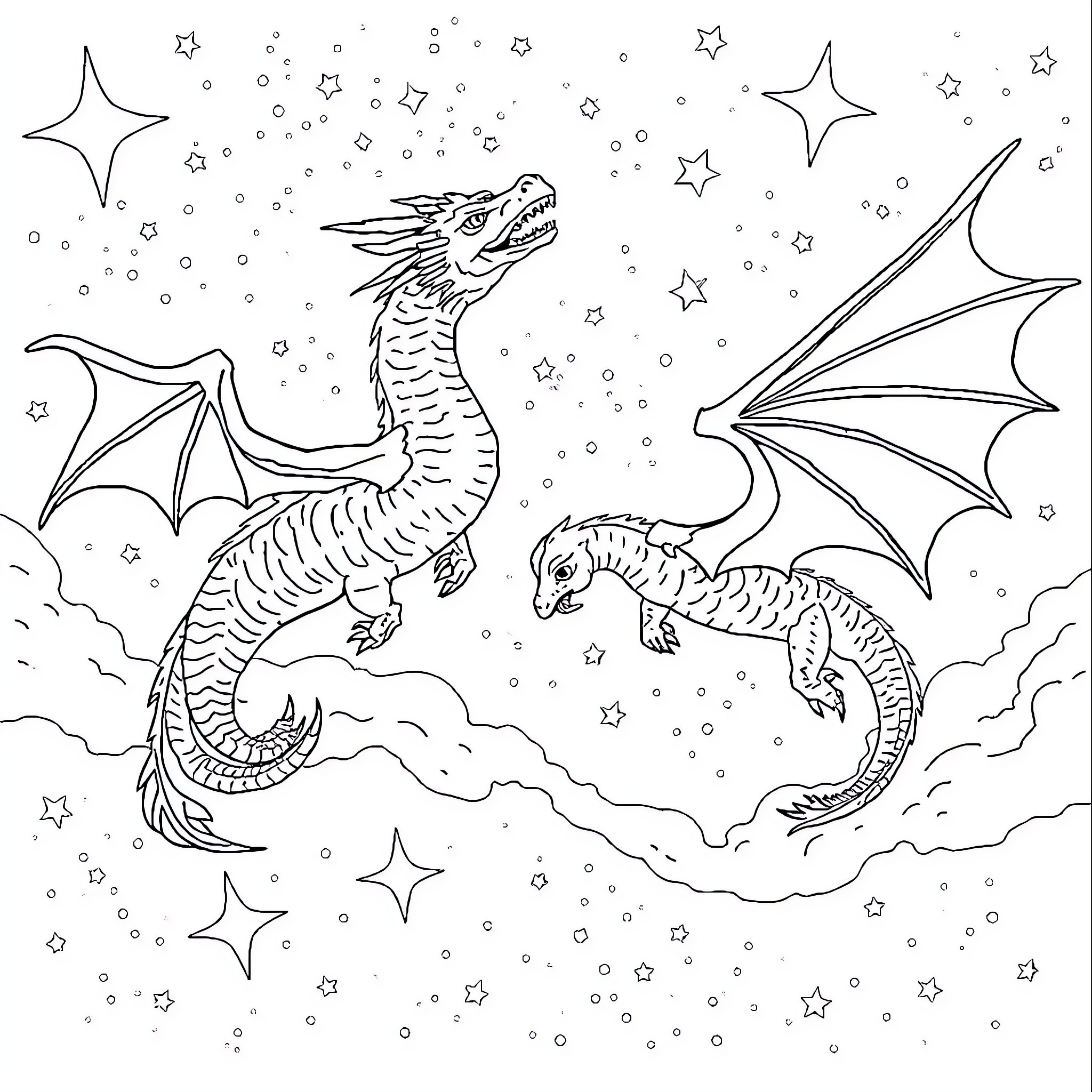 Dragon Warriors Fighting Among the Stars Coloring Page (free black-and-white line drawing printable PDF for all, from beginners to advanced learners, including children, teens, adults, and seniors)