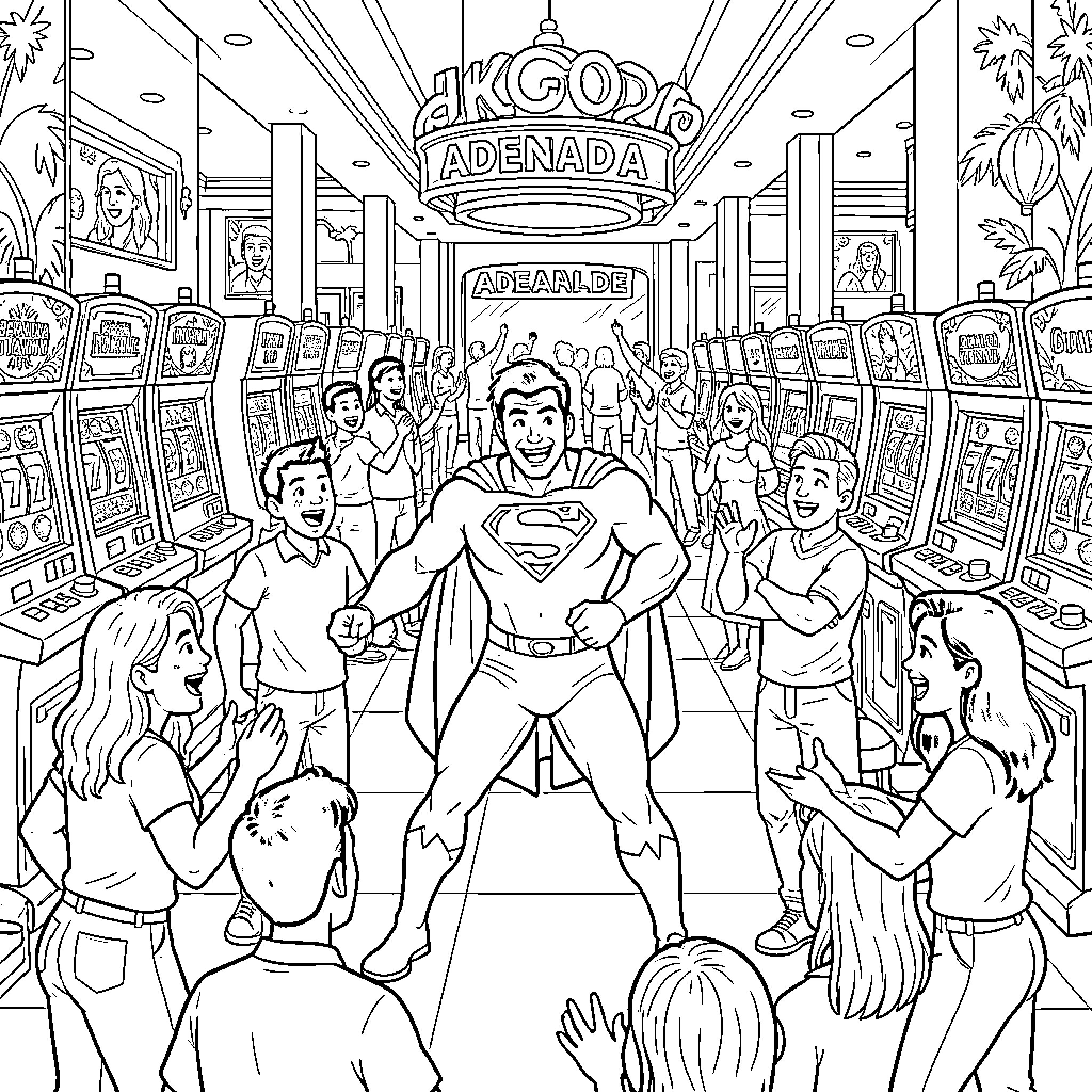 Superman enjoying time with admirers in a casino Coloring Page (free black-and-white line drawing printable PDF for all, from beginners to advanced learners, including children, teens, adults, and seniors)
