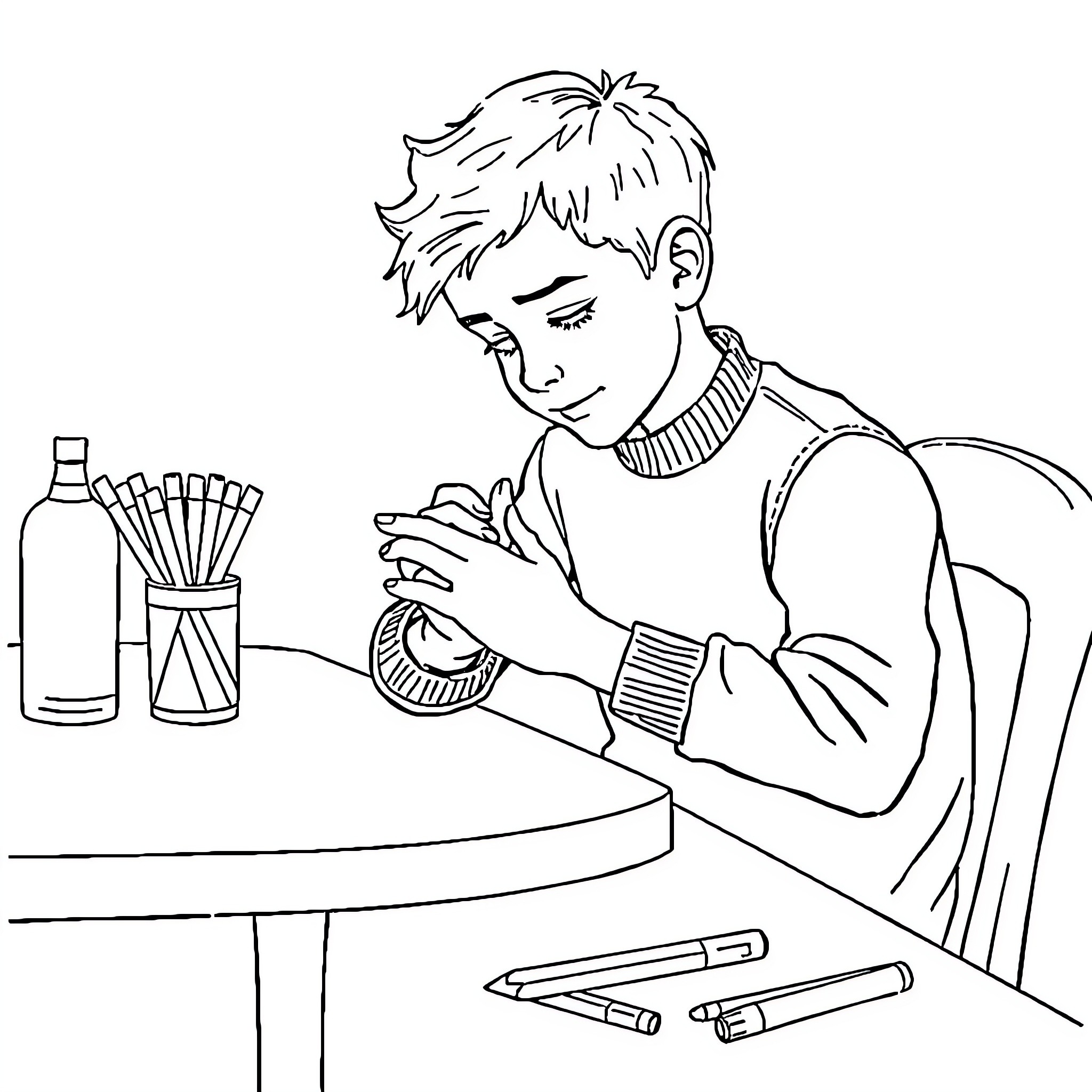 Boy draws with colored pencils at table Coloring Page (free black-and-white line drawing printable PDF for all, from beginners to advanced learners, including children, teens, adults, and seniors)