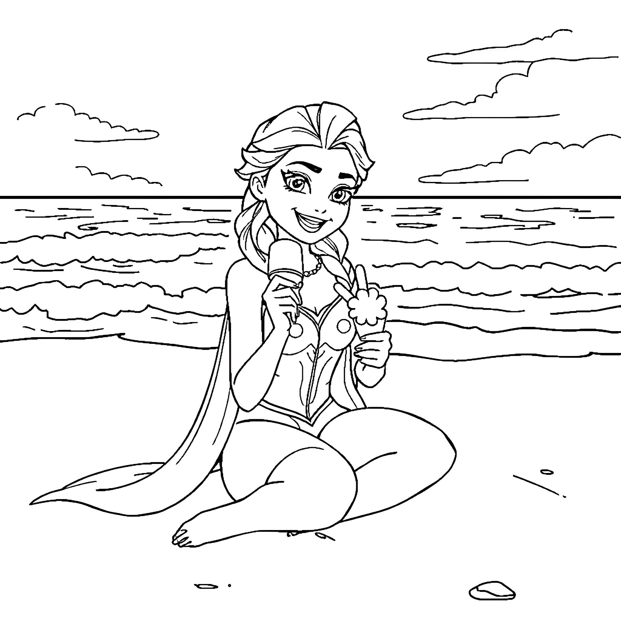 Elsa relaxing on the beach Coloring Page (free black-and-white line drawing printable PDF for all, from beginners to advanced learners, including children, teens, adults, and seniors)
