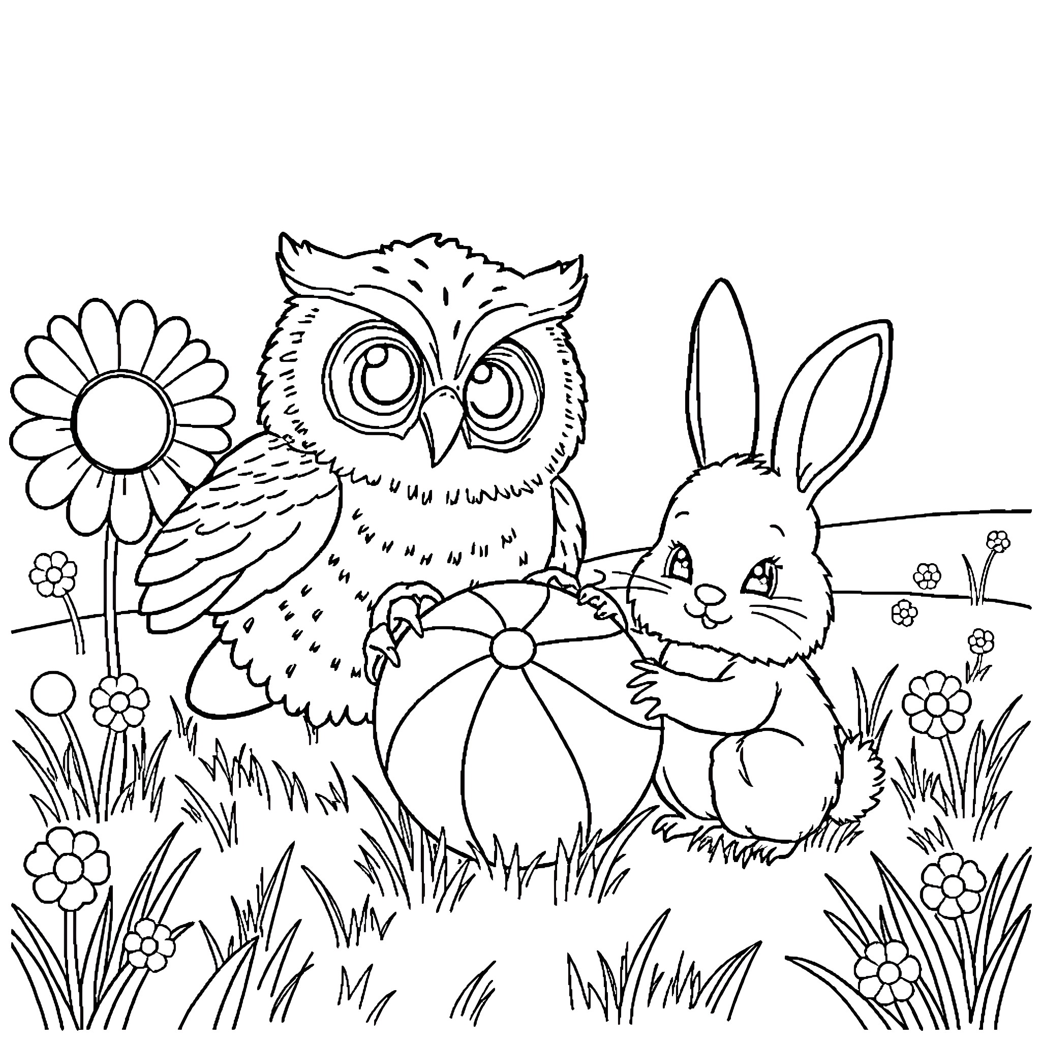 Owl and Bunny in Floral Spring Scene Coloring Page (free black-and-white line drawing printable PDF for all, from beginners to advanced learners, including children, teens, adults, and seniors)