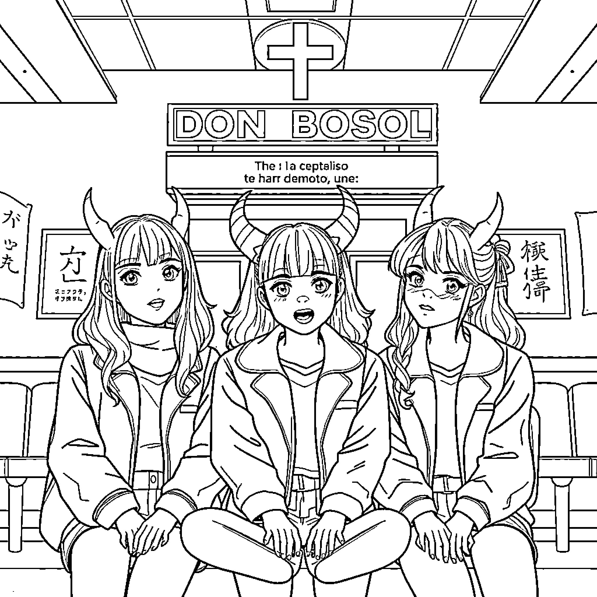 K-POP Demon Hunters in Mission Coloring Page (free black-and-white line drawing printable PDF for all, from beginners to advanced learners, including children, teens, adults, and seniors)