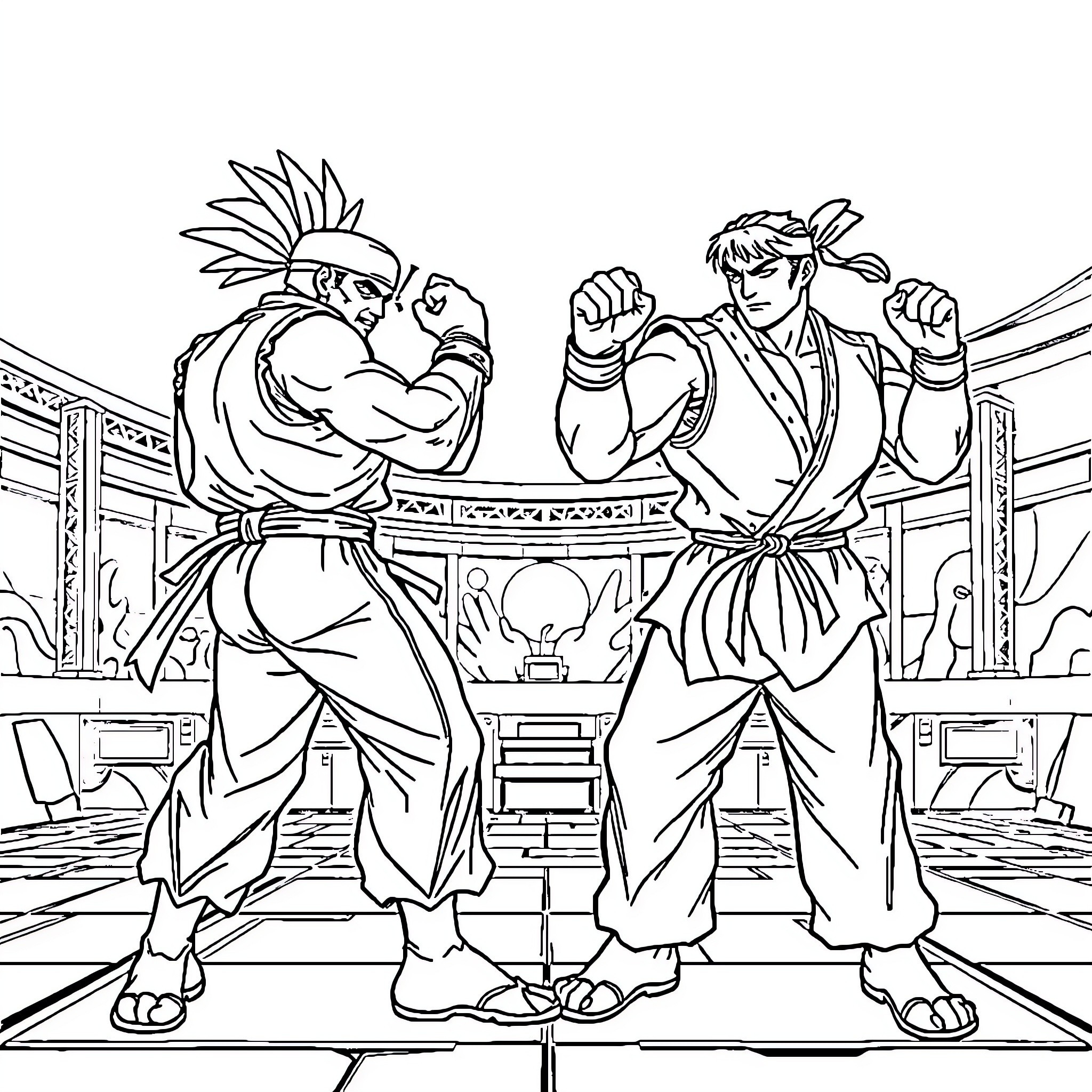 Street Fighter: Intense Martial Arts Showdown Coloring Page (free black-and-white line drawing printable PDF for all, from beginners to advanced learners, including children, teens, adults, and seniors)