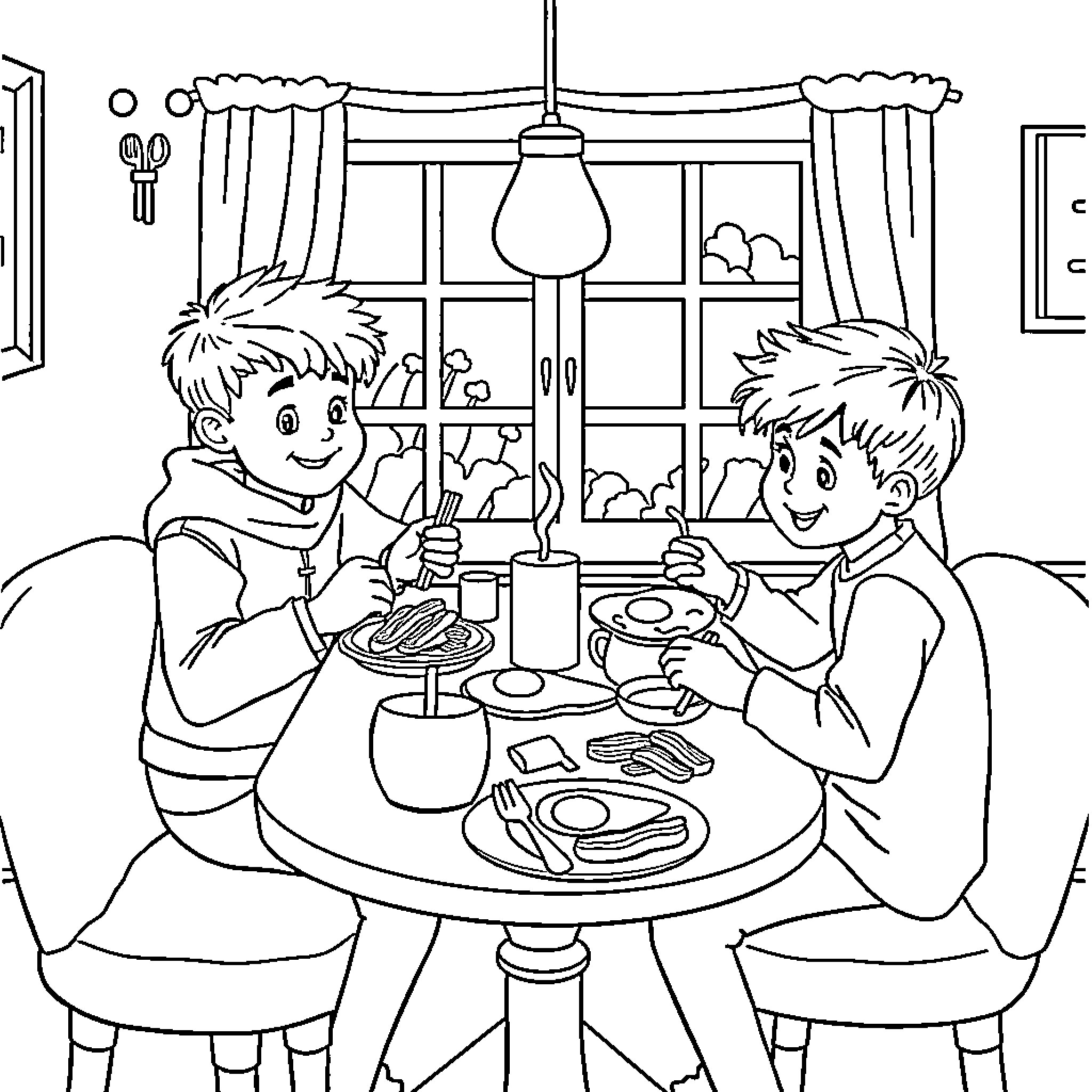 Saja Boy's Dining Adventure Coloring Page (free black-and-white line drawing printable PDF for all, from beginners to advanced learners, including children, teens, adults, and seniors)