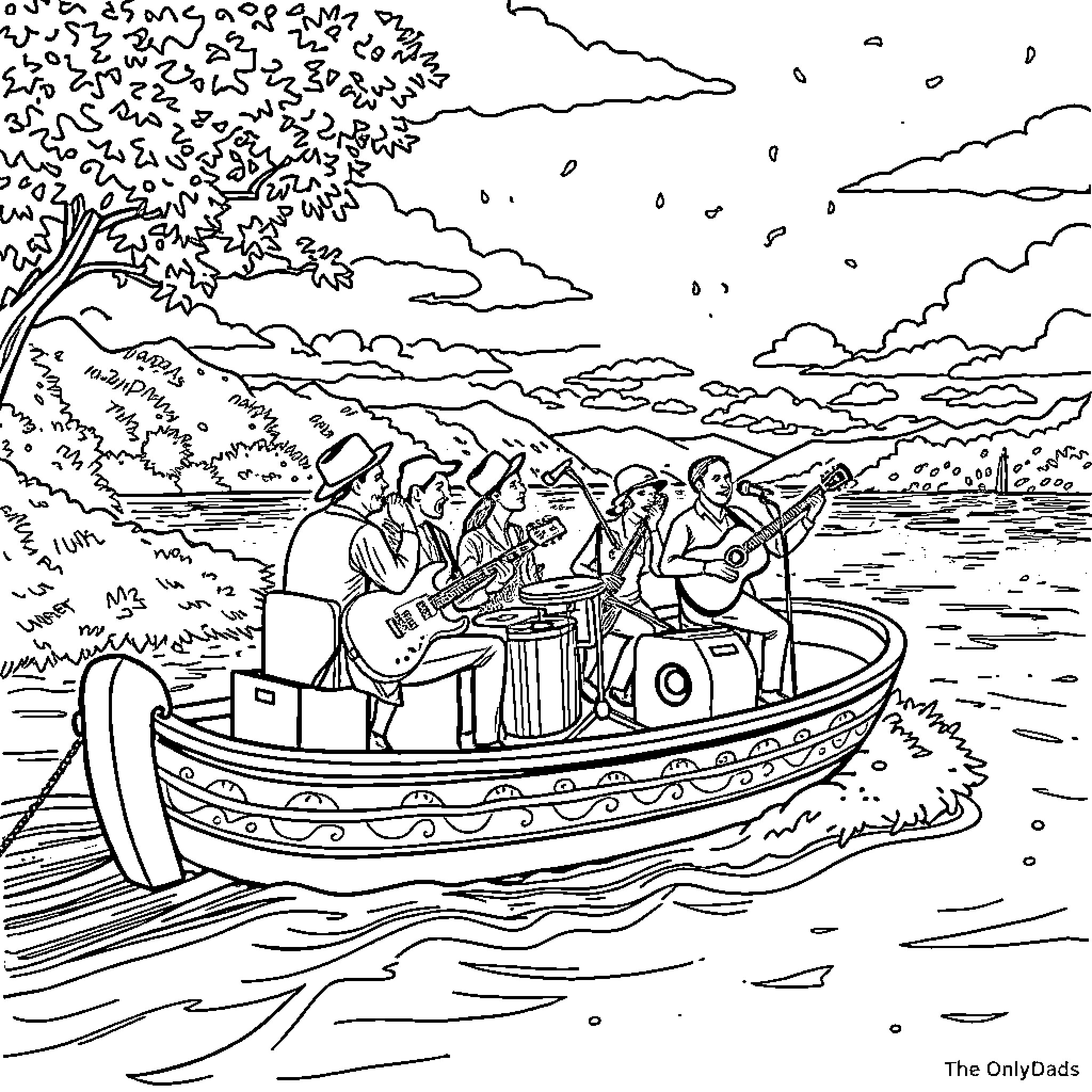 OnlyDads enjoying a river adventure together Coloring Page (free black-and-white line drawing printable PDF for all, from beginners to advanced learners, including children, teens, adults, and seniors)