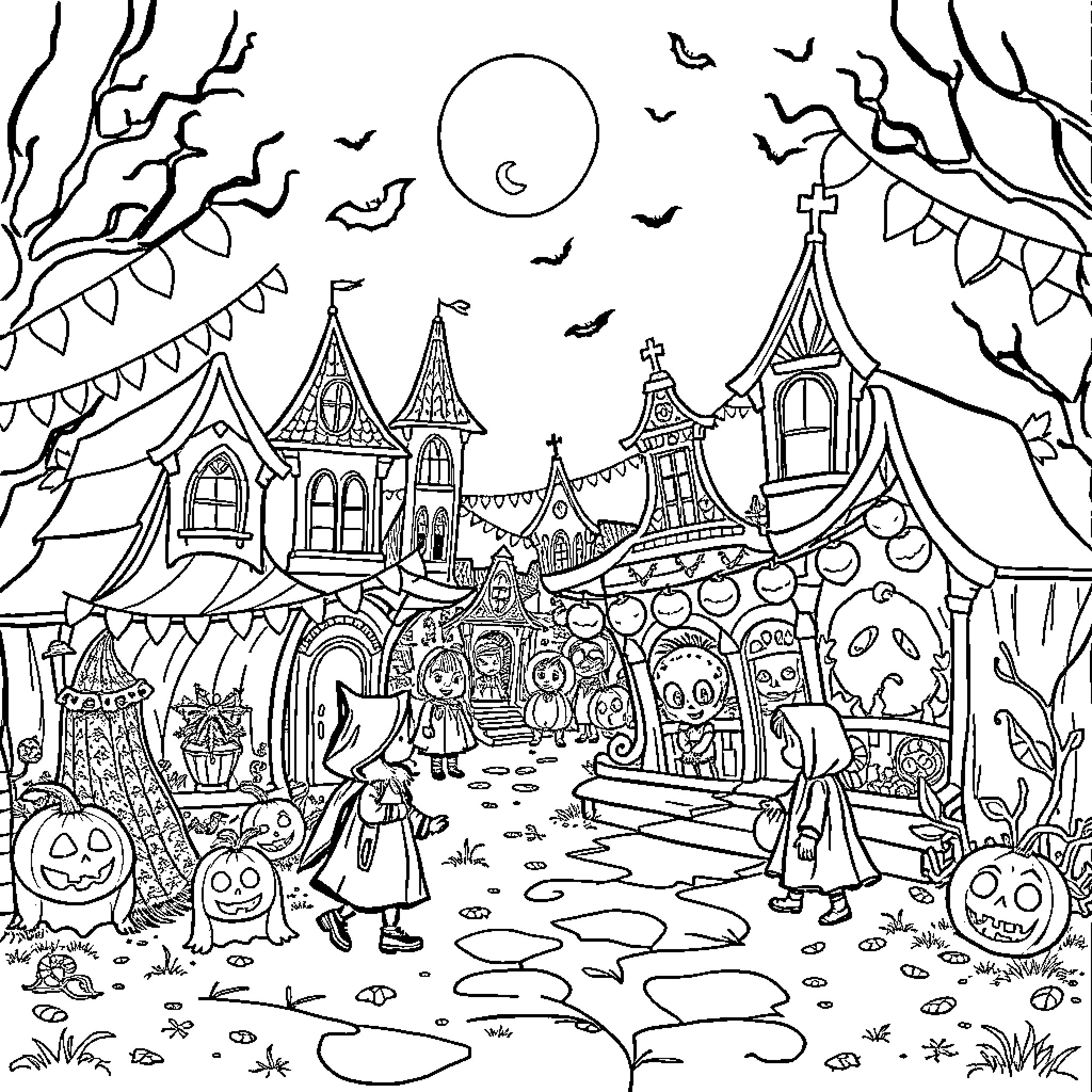 Halloween Celebration in a Haunted Village Coloring Page (free black-and-white line drawing printable PDF for all, from beginners to advanced learners, including children, teens, adults, and seniors)