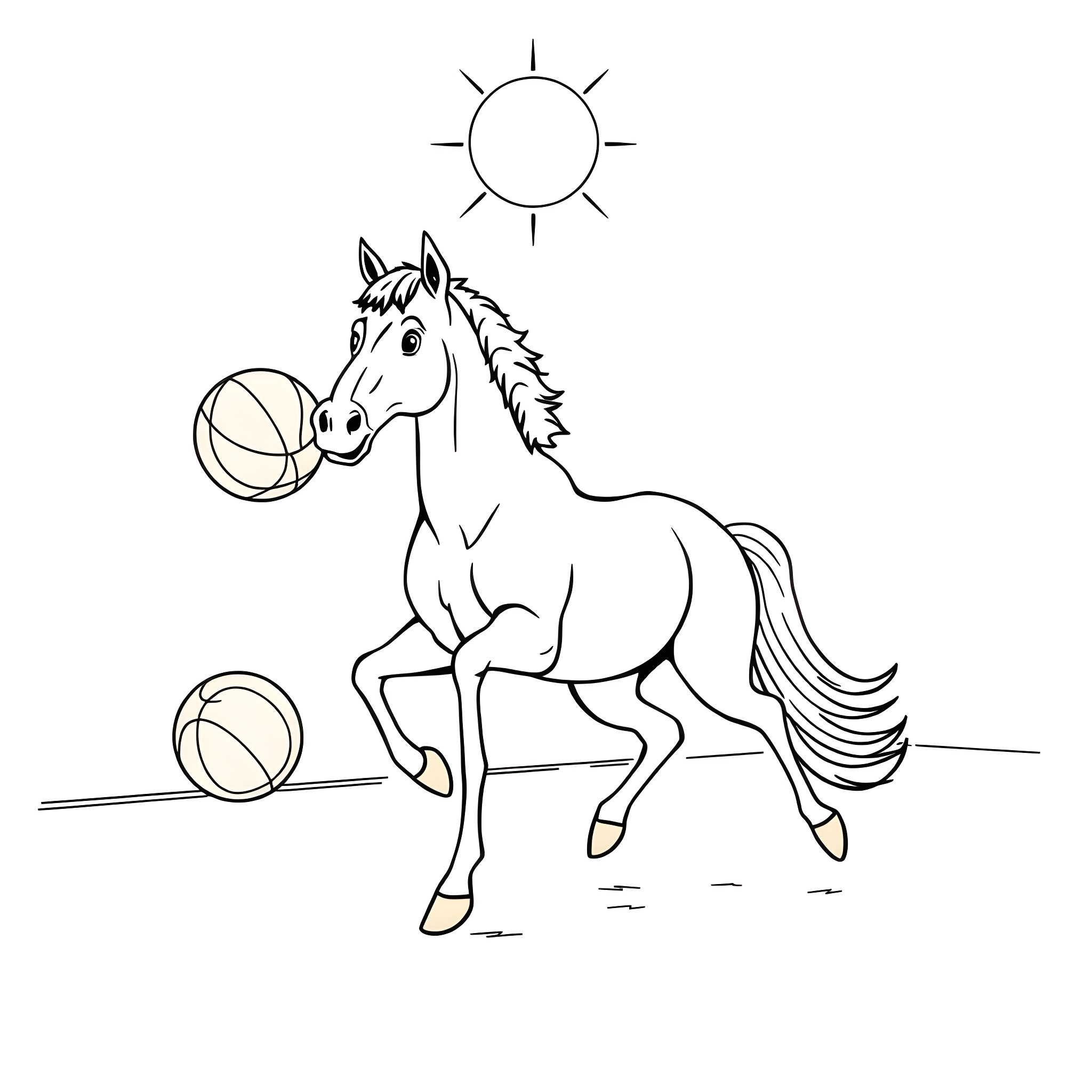Horse playing with colorful balls in the sun Coloring Page (free black-and-white line drawing printable PDF for all, from beginners to advanced learners, including children, teens, adults, and seniors)