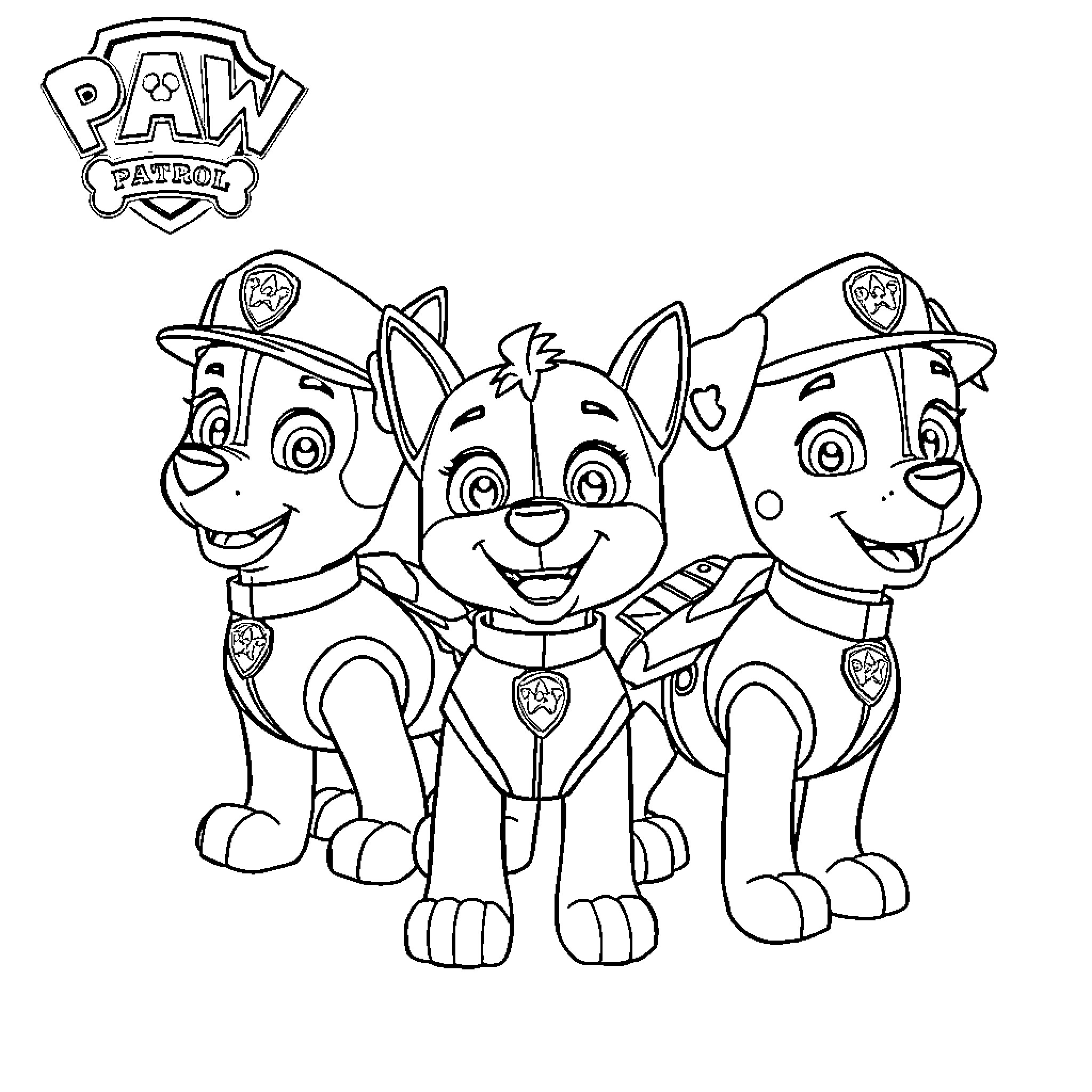 Paw Patrol Pups on Duty Coloring Page (free black-and-white line drawing printable PDF for all, from beginners to advanced learners, including children, teens, adults, and seniors)