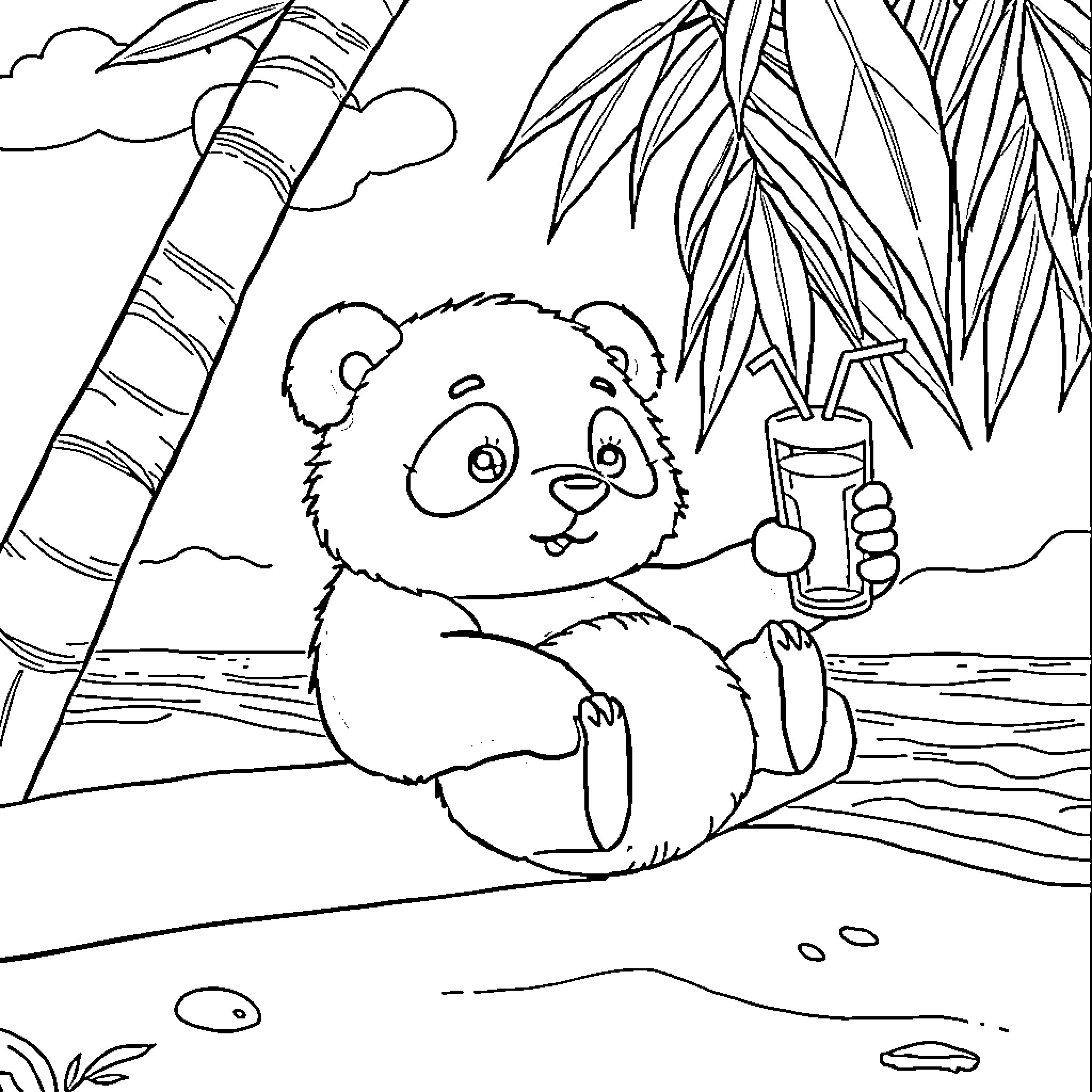 Panda relaxing on the beach with a drink Coloring Page (free black-and-white line drawing printable PDF for all, from beginners to advanced learners, including children, teens, adults, and seniors)