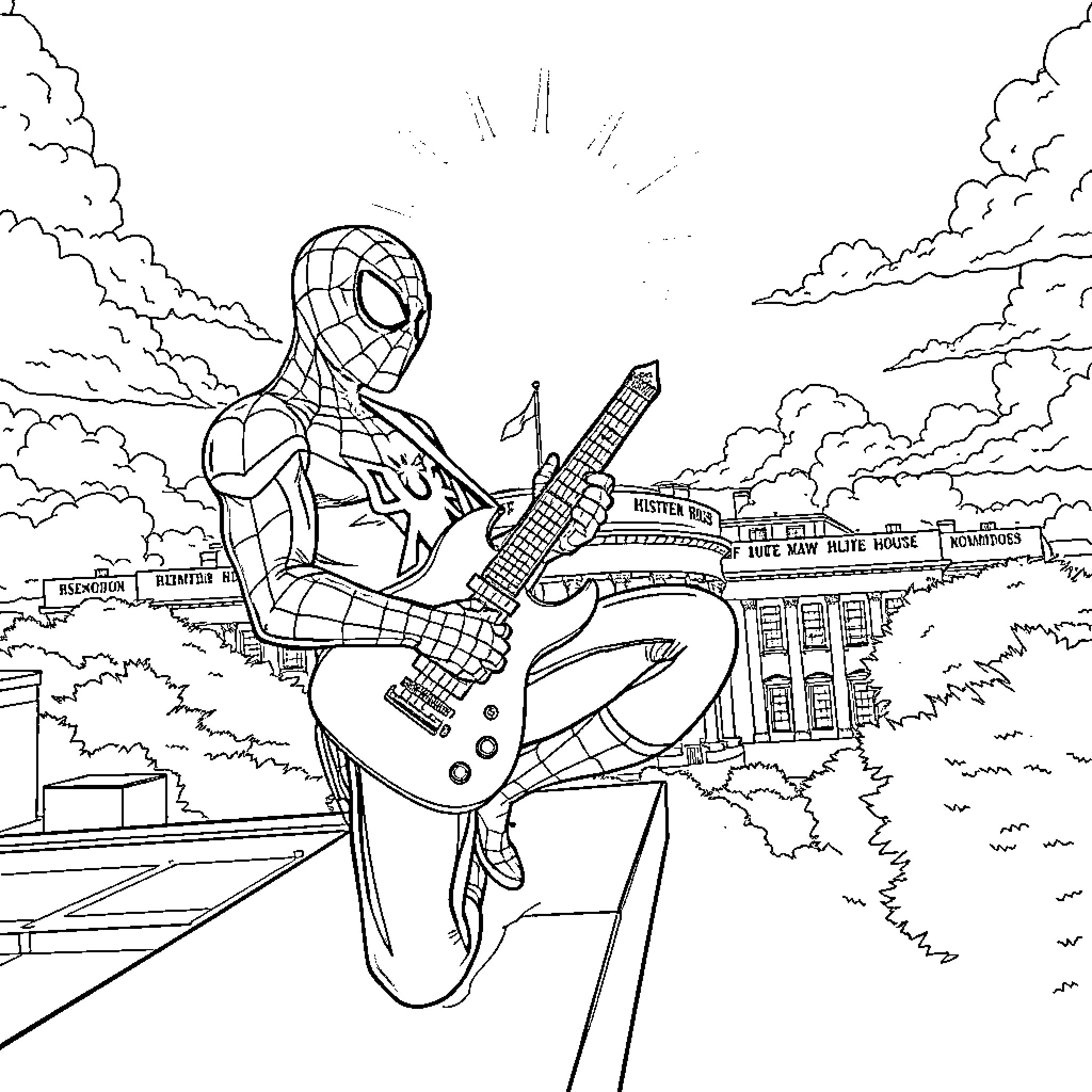 Spiderman playing guitar in the city Coloring Page (free black-and-white line drawing printable PDF for all, from beginners to advanced learners, including children, teens, adults, and seniors)