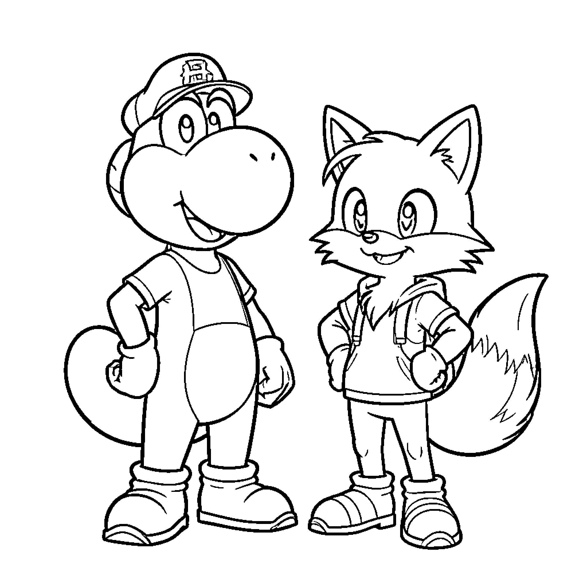 Yoshi and fox characters standing together smiling Coloring Page (free black-and-white line drawing printable PDF for all, from beginners to advanced learners, including children, teens, adults, and seniors)