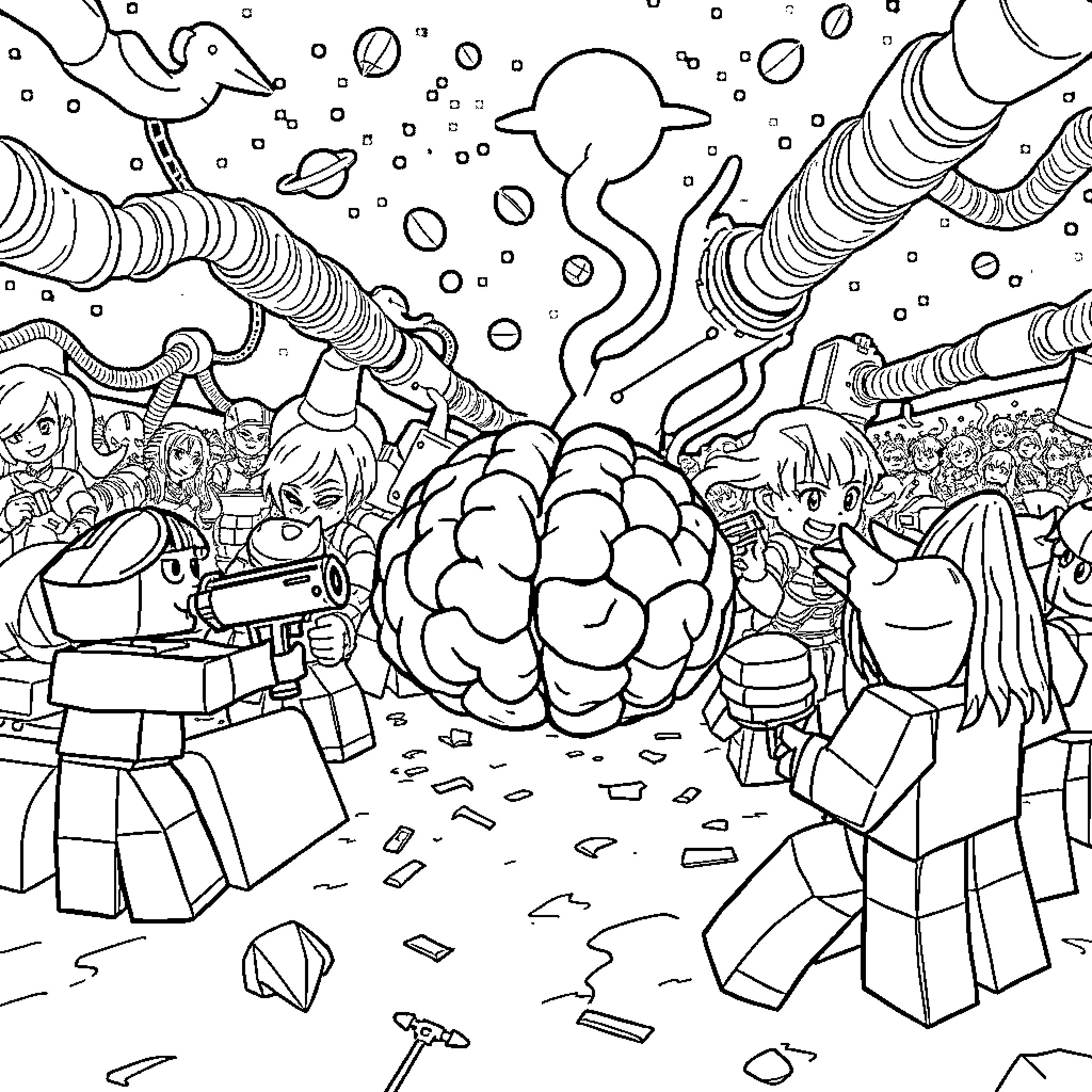 Roblox Players in Chaotic Sci-Fi Adventure Coloring Page (free black-and-white line drawing printable PDF for all, from beginners to advanced learners, including children, teens, adults, and seniors)