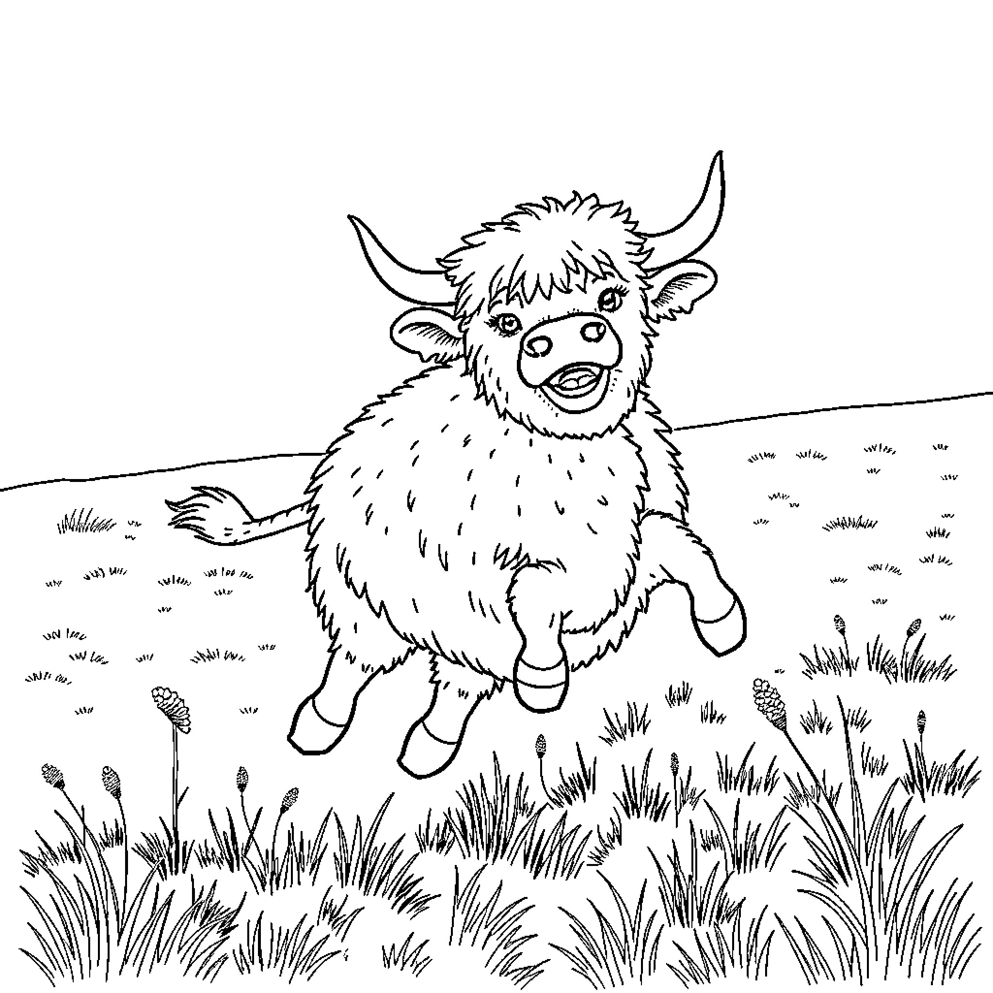 Highland Cow frolicking in the meadow Coloring Page (free black-and-white line drawing printable PDF for all, from beginners to advanced learners, including children, teens, adults, and seniors)