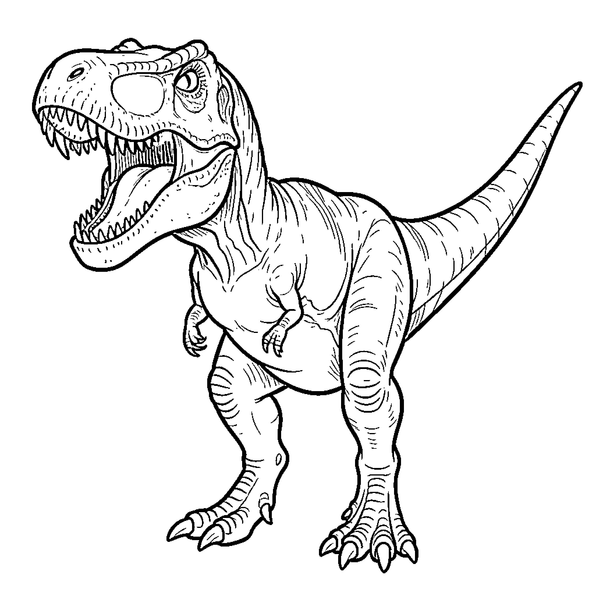 T-Rex roaring loudly with its mouth wide open Coloring Page (free black-and-white line drawing printable PDF for all, from beginners to advanced learners, including children, teens, adults, and seniors)