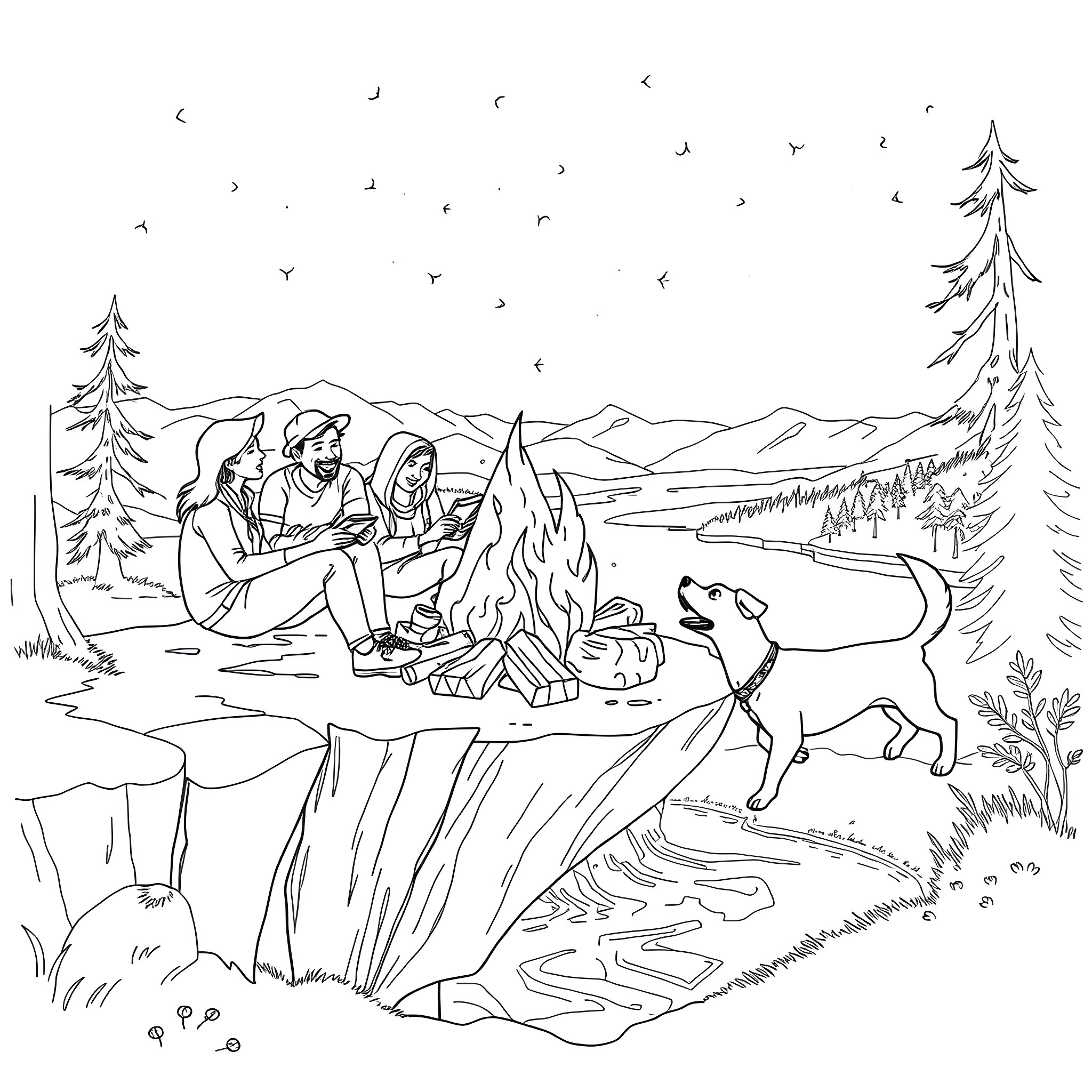 Friend's camping adventure in the wilderness Coloring Page (free black-and-white line drawing printable PDF for all, from beginners to advanced learners, including children, teens, adults, and seniors)