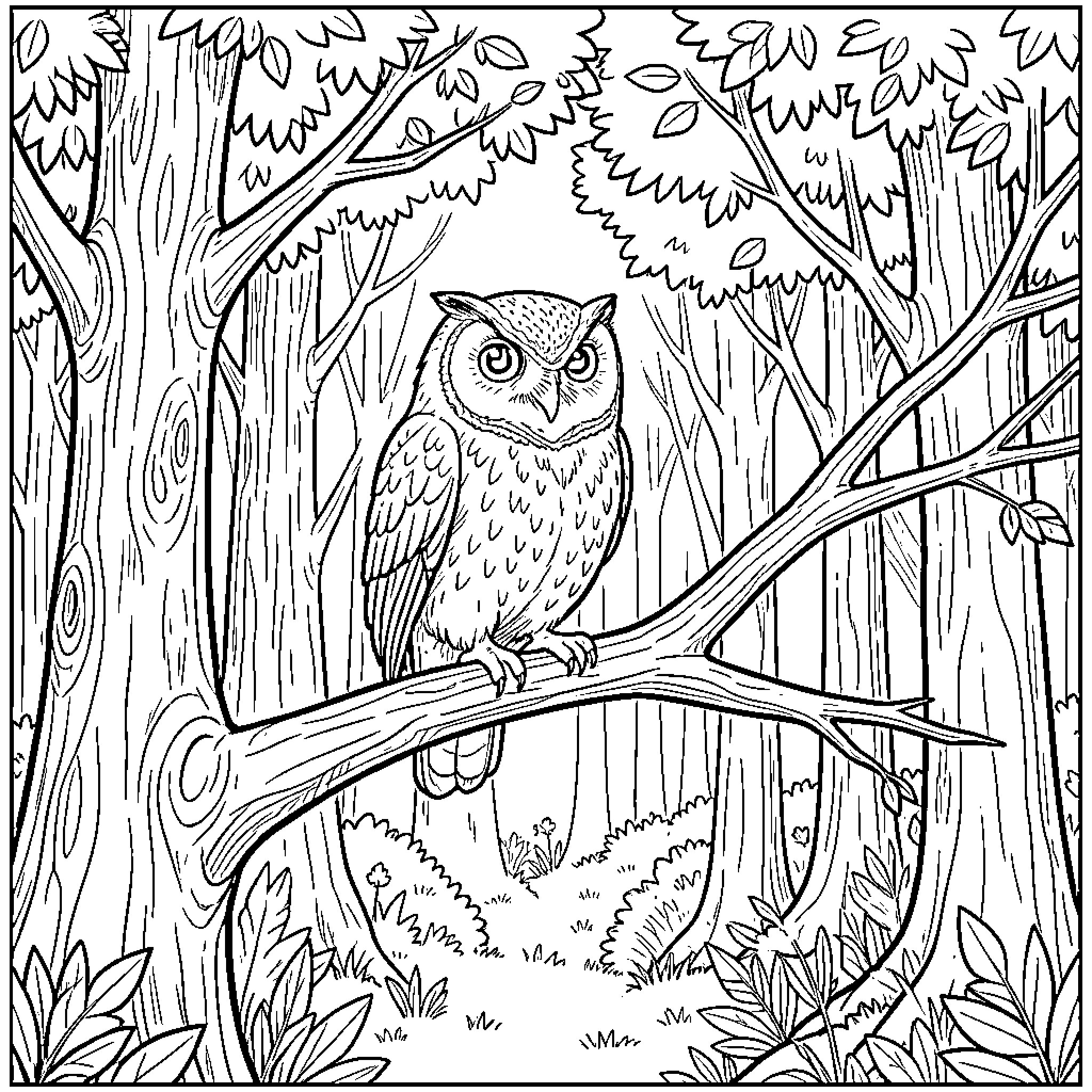 Owl perched on a branch in the forest Coloring Page (free black-and-white line drawing printable PDF for all, from beginners to advanced learners, including children, teens, adults, and seniors)