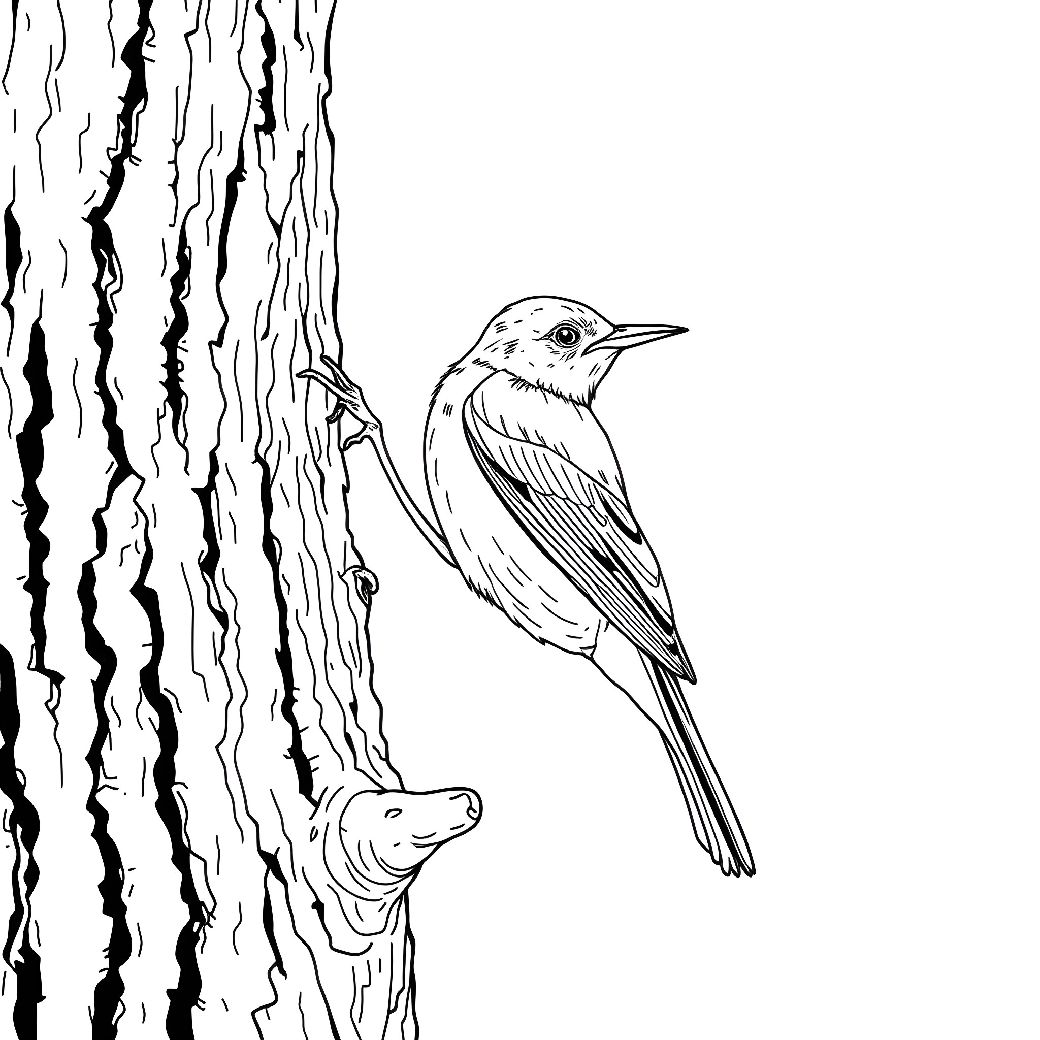 Honeycreeper perched on tree bark Coloring Page (free black-and-white line drawing printable PDF for all, from beginners to advanced learners, including children, teens, adults, and seniors)