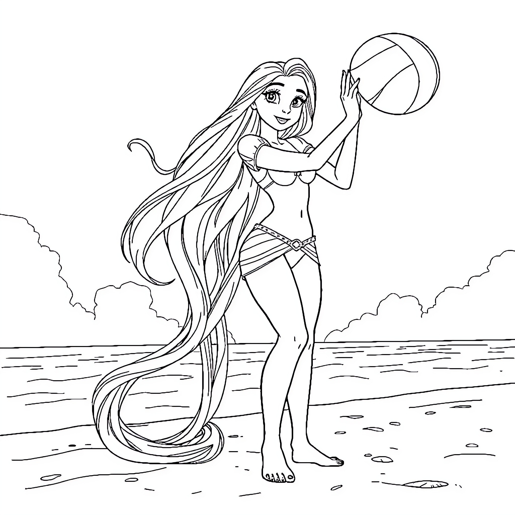 Rapunzel Playing Volleyball on the Beach Coloring Page (free black-and-white line drawing printable PDF for all, from beginners to advanced learners, including children, teens, adults, and seniors)