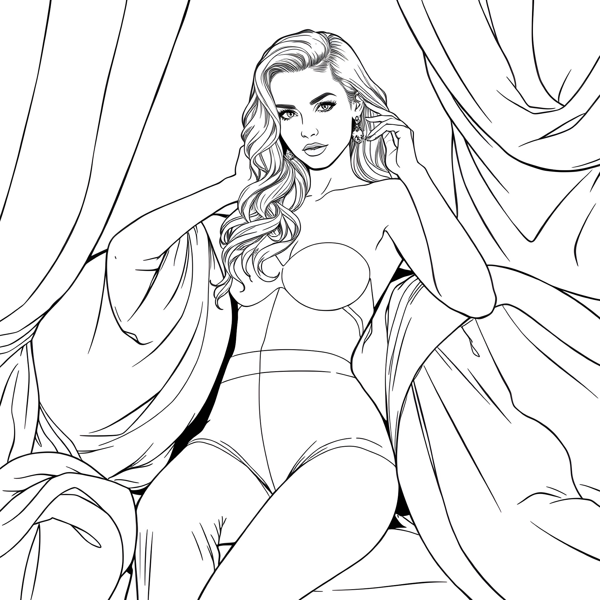 Bella Thorne in a Glamorous Pose Coloring Page (free black-and-white line drawing printable PDF for all, from beginners to advanced learners, including children, teens, adults, and seniors)