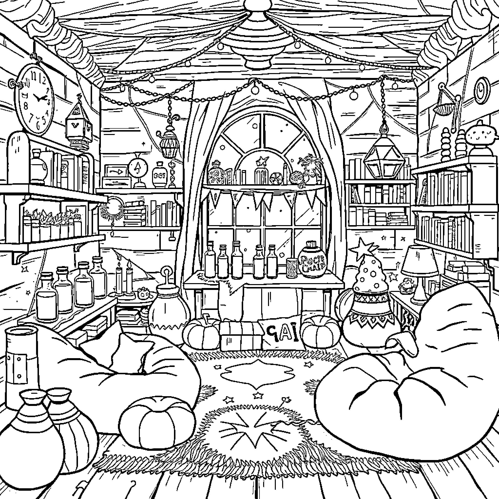 Witch's Enchanted Workshop Filled with Mystical Curiosities Coloring Page (free black-and-white line drawing printable PDF for all, from beginners to advanced learners, including children, teens, adults, and seniors)
