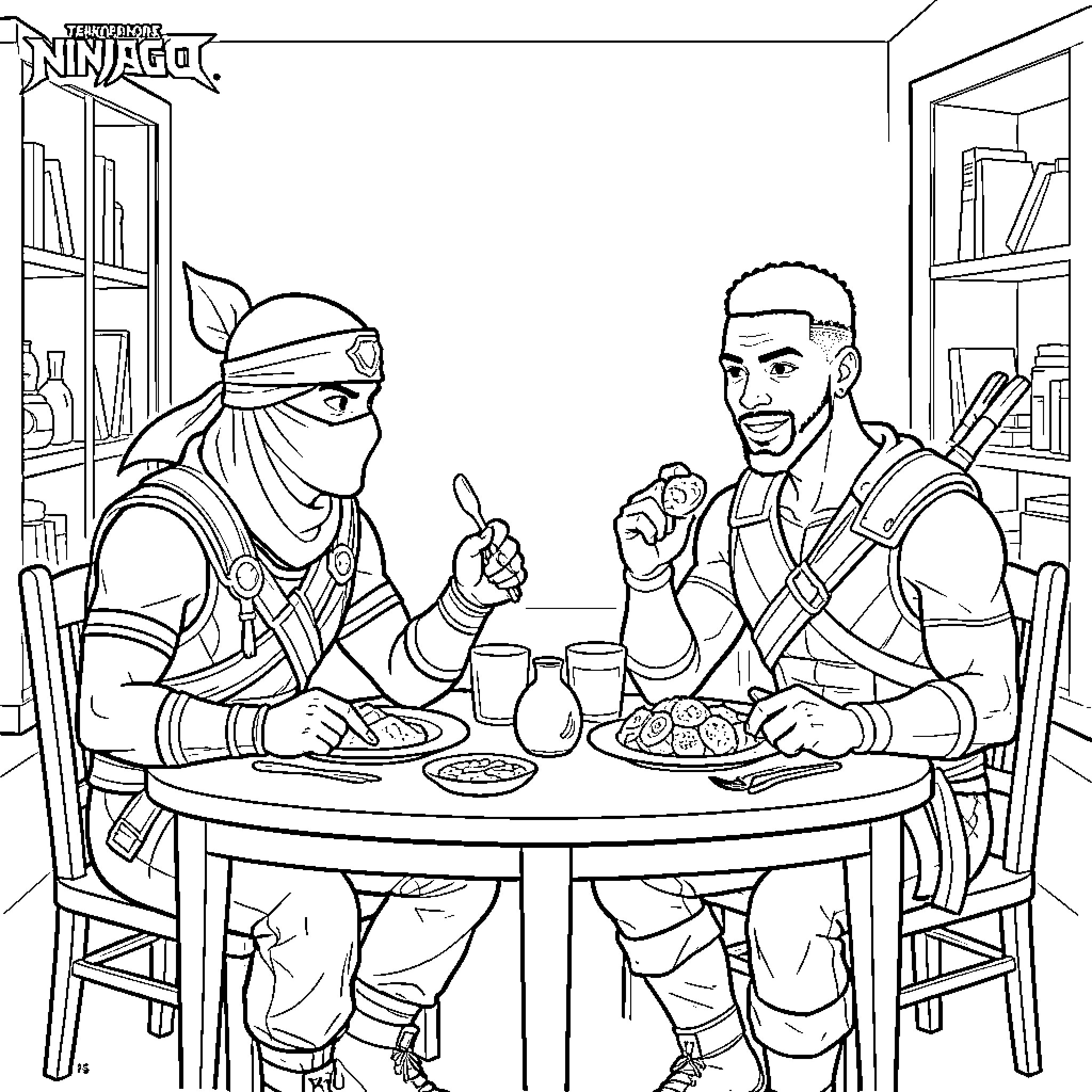 Ninjago characters enjoying a meal together at a table Coloring Page (free black-and-white line drawing printable PDF for all, from beginners to advanced learners, including children, teens, adults, and seniors)