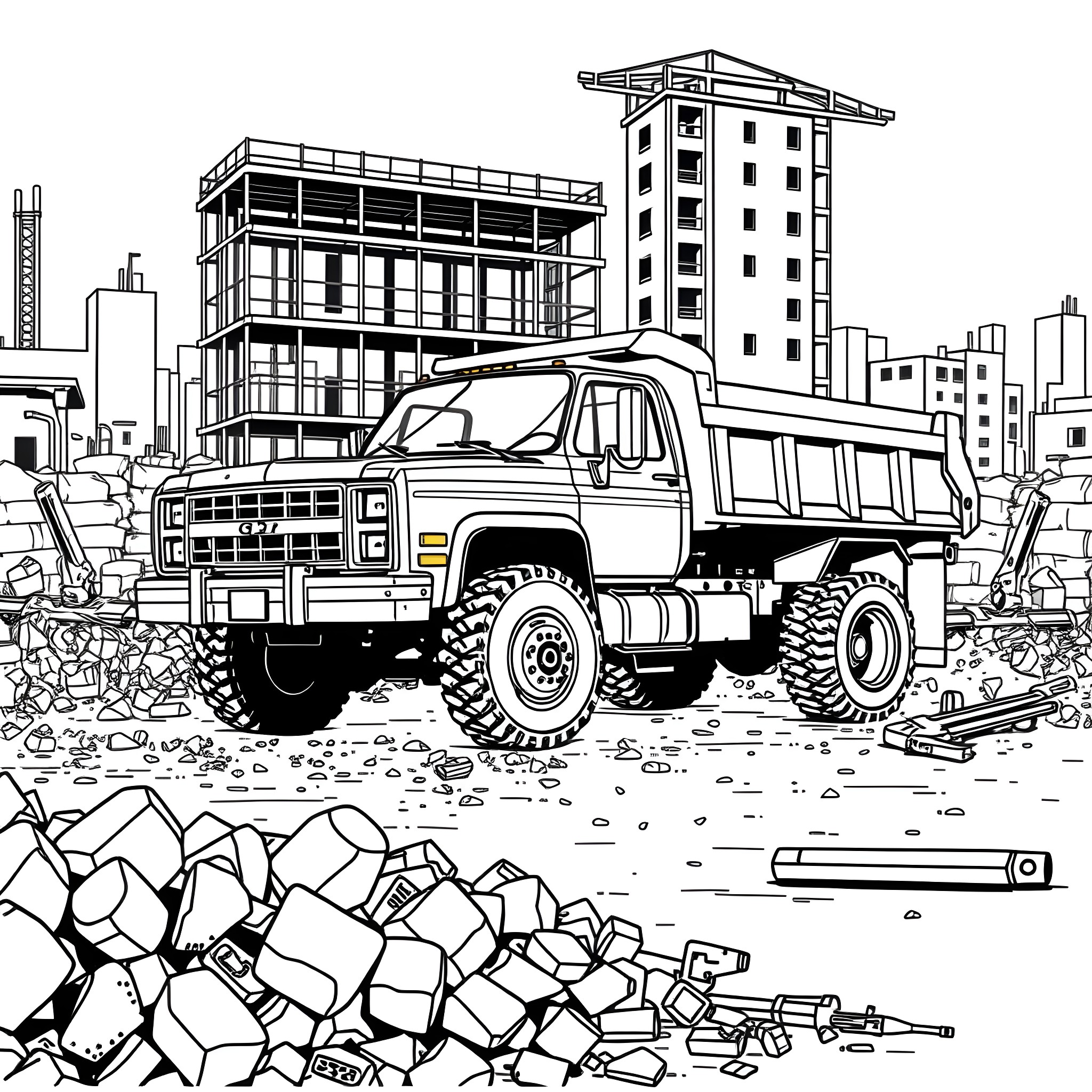 Chevy Dump Truck hauling debris in construction site Coloring Page (free black-and-white line drawing printable PDF for all, from beginners to advanced learners, including children, teens, adults, and seniors)