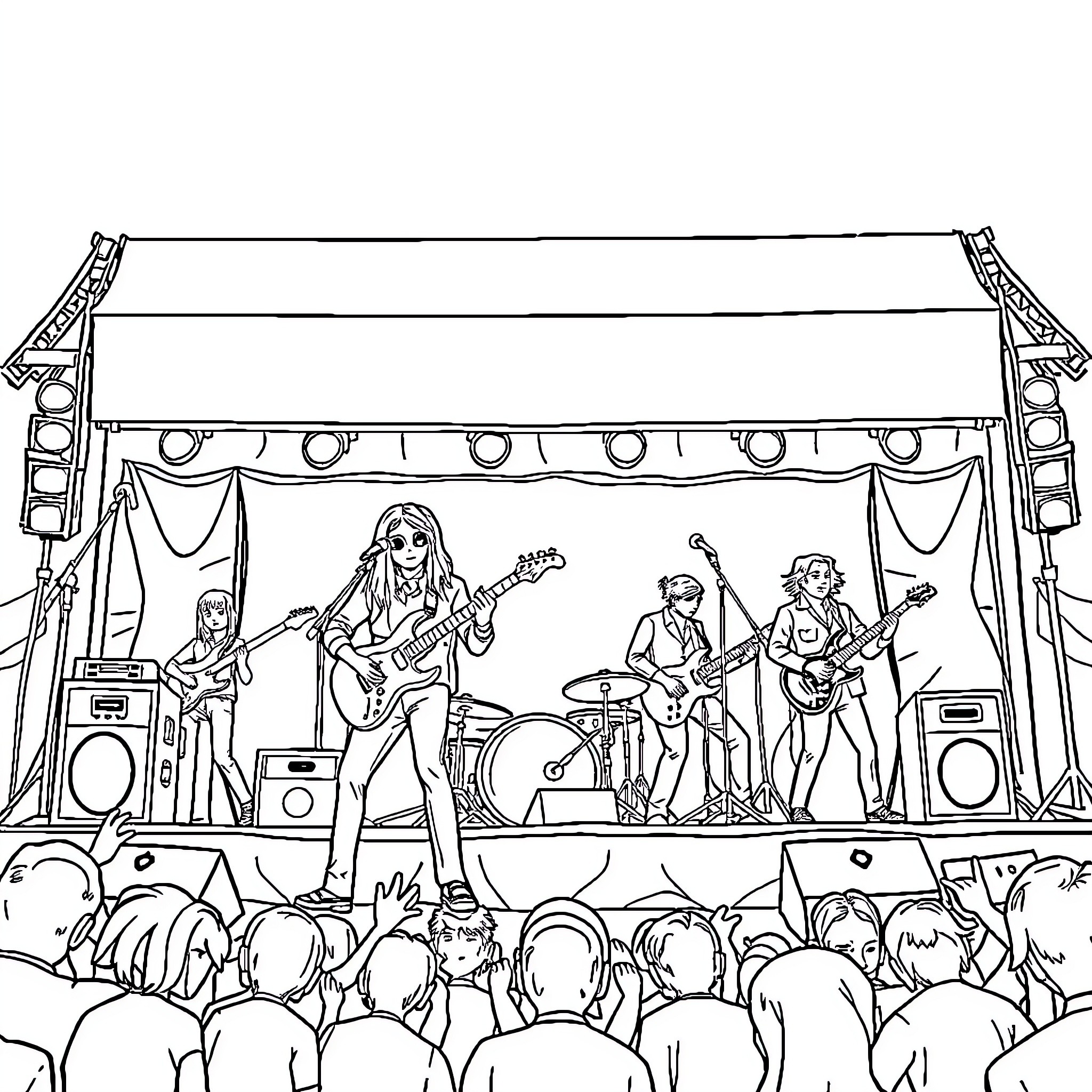 Rock Band Performing on Stage for Lively Crowd Coloring Page (free black-and-white line drawing printable PDF for all, from beginners to advanced learners, including children, teens, adults, and seniors)