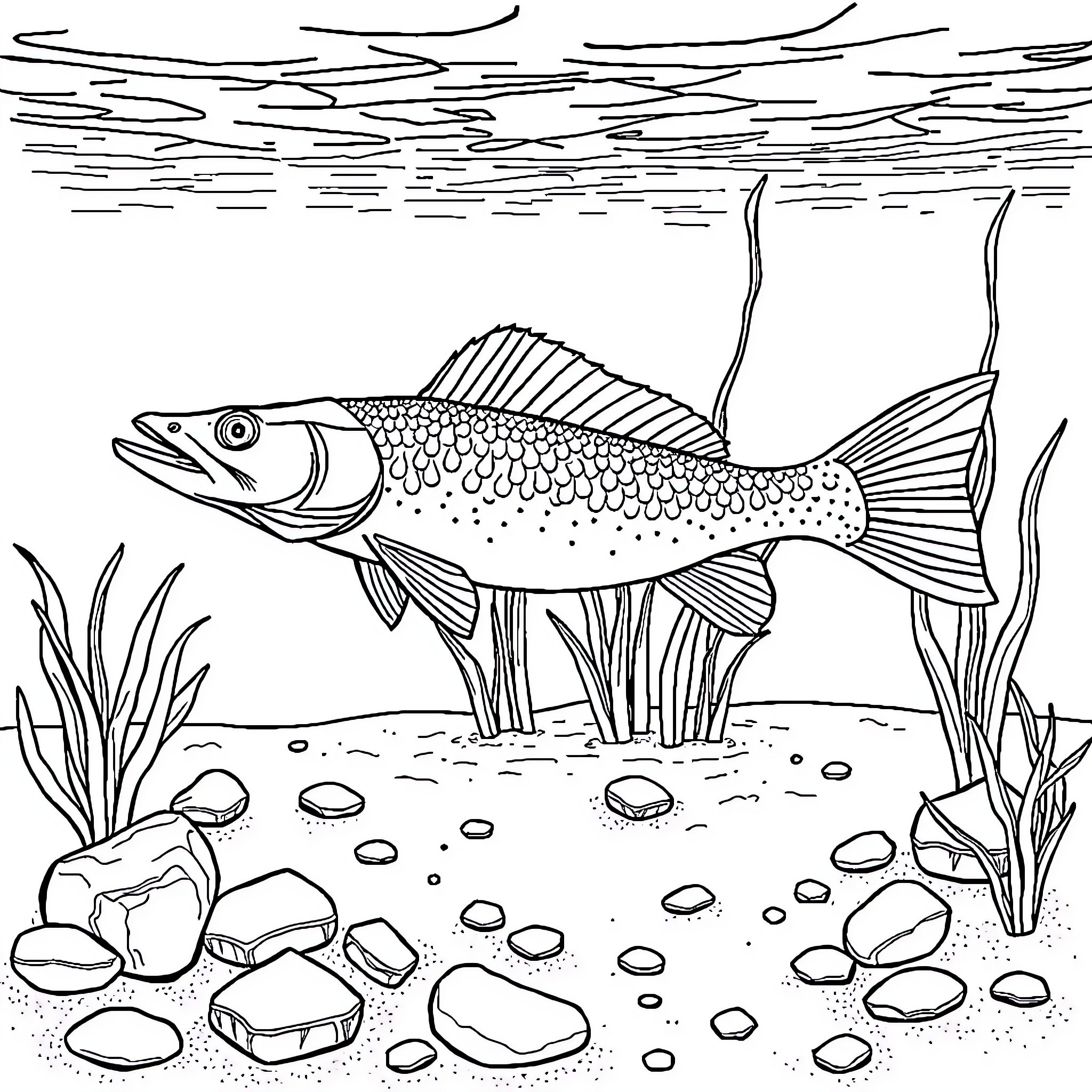 Pike swimming in the underwater scene Coloring Page (free black-and-white line drawing printable PDF for all, from beginners to advanced learners, including children, teens, adults, and seniors)