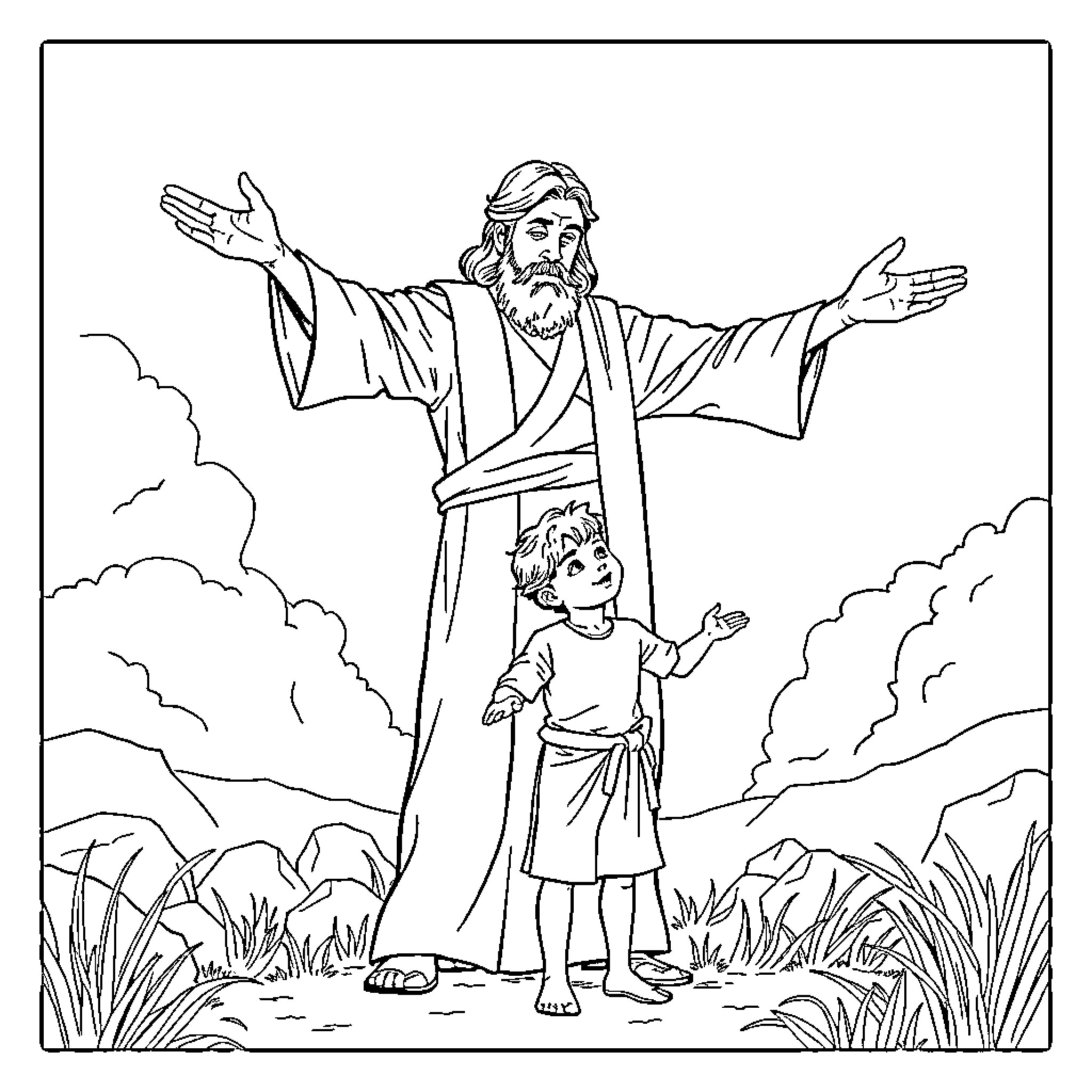 Elijah and the Boy in the Wilderness Coloring Page (free black-and-white line drawing printable PDF for all, from beginners to advanced learners, including children, teens, adults, and seniors)
