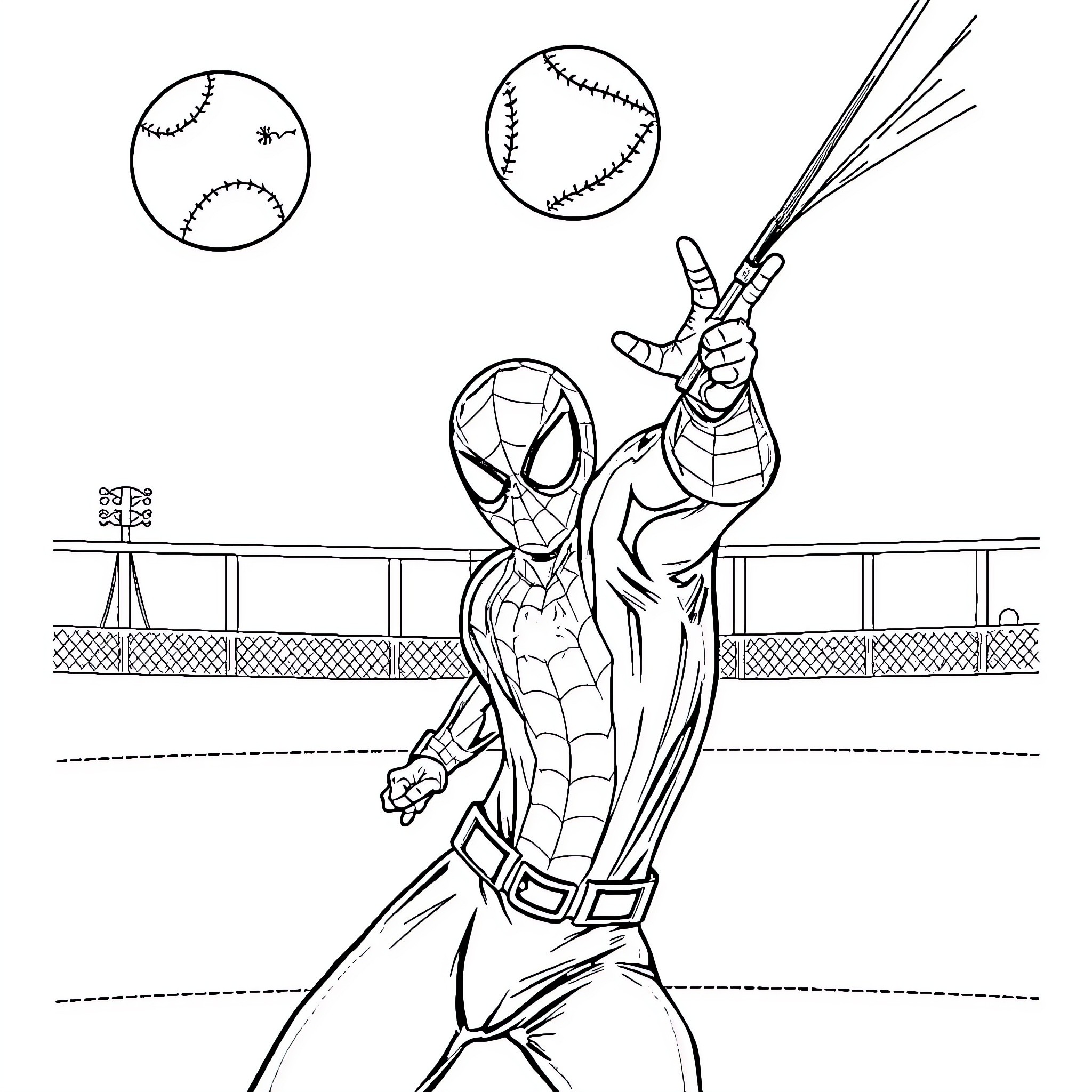 Spiderman swinging into action on baseball field Coloring Page (free black-and-white line drawing printable PDF for all, from beginners to advanced learners, including children, teens, adults, and seniors)