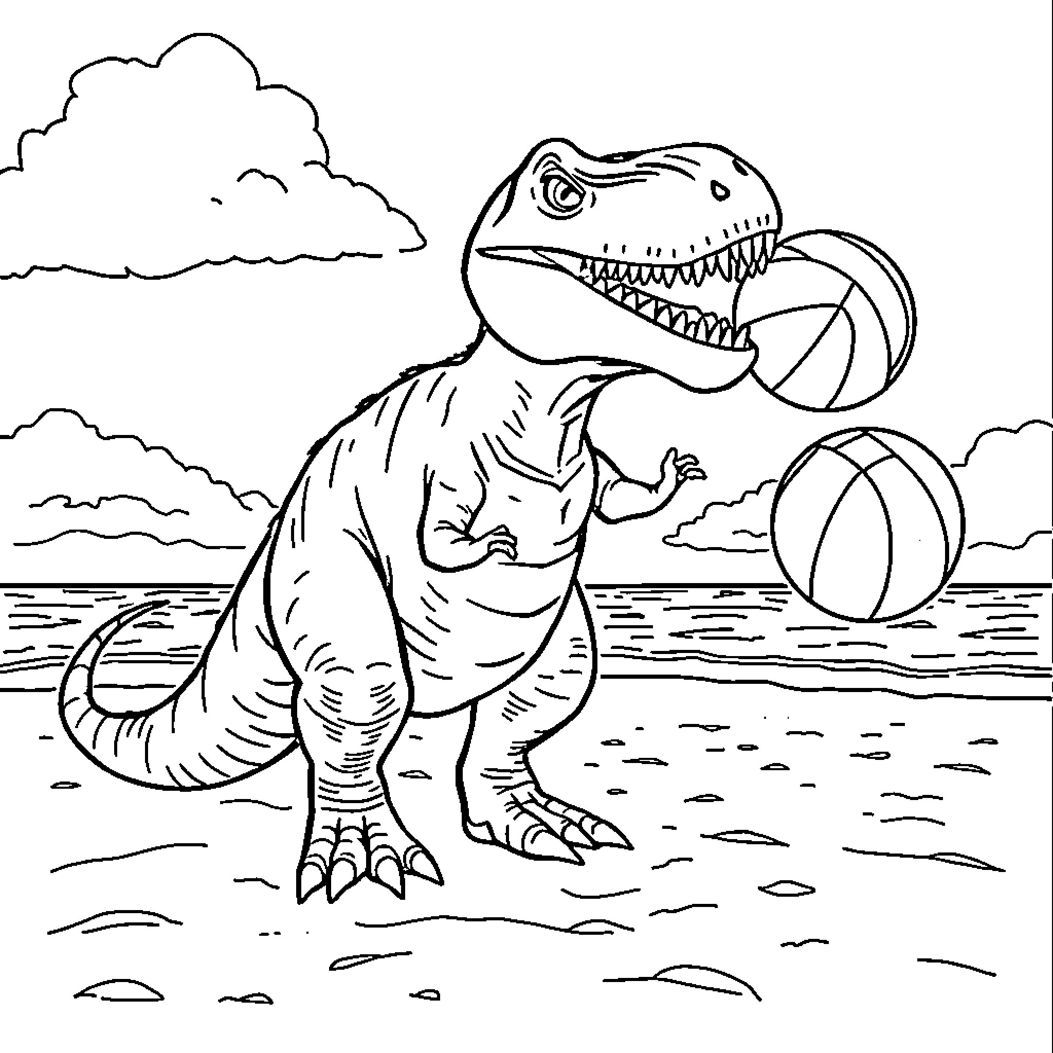 T-Rex Playing with Beach Balls Coloring Page (free black-and-white line drawing printable PDF for all, from beginners to advanced learners, including children, teens, adults, and seniors)