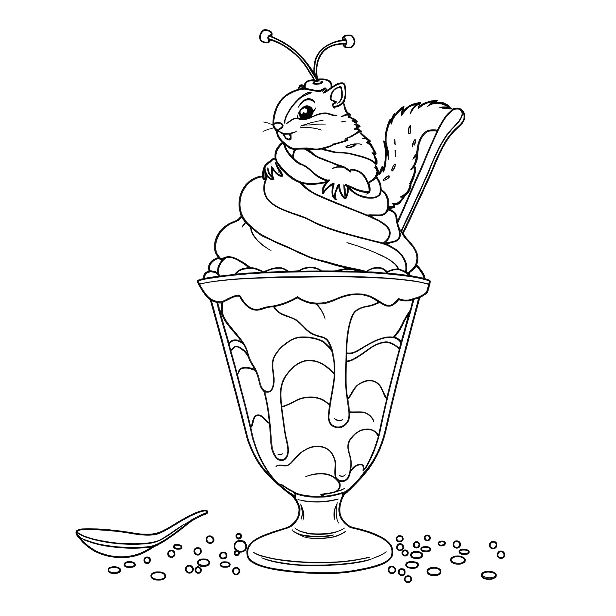 Ice Cream Sundae with Whimsical Squirrel Topping Coloring Page (free black-and-white line drawing printable PDF for all, from beginners to advanced learners, including children, teens, adults, and seniors)
