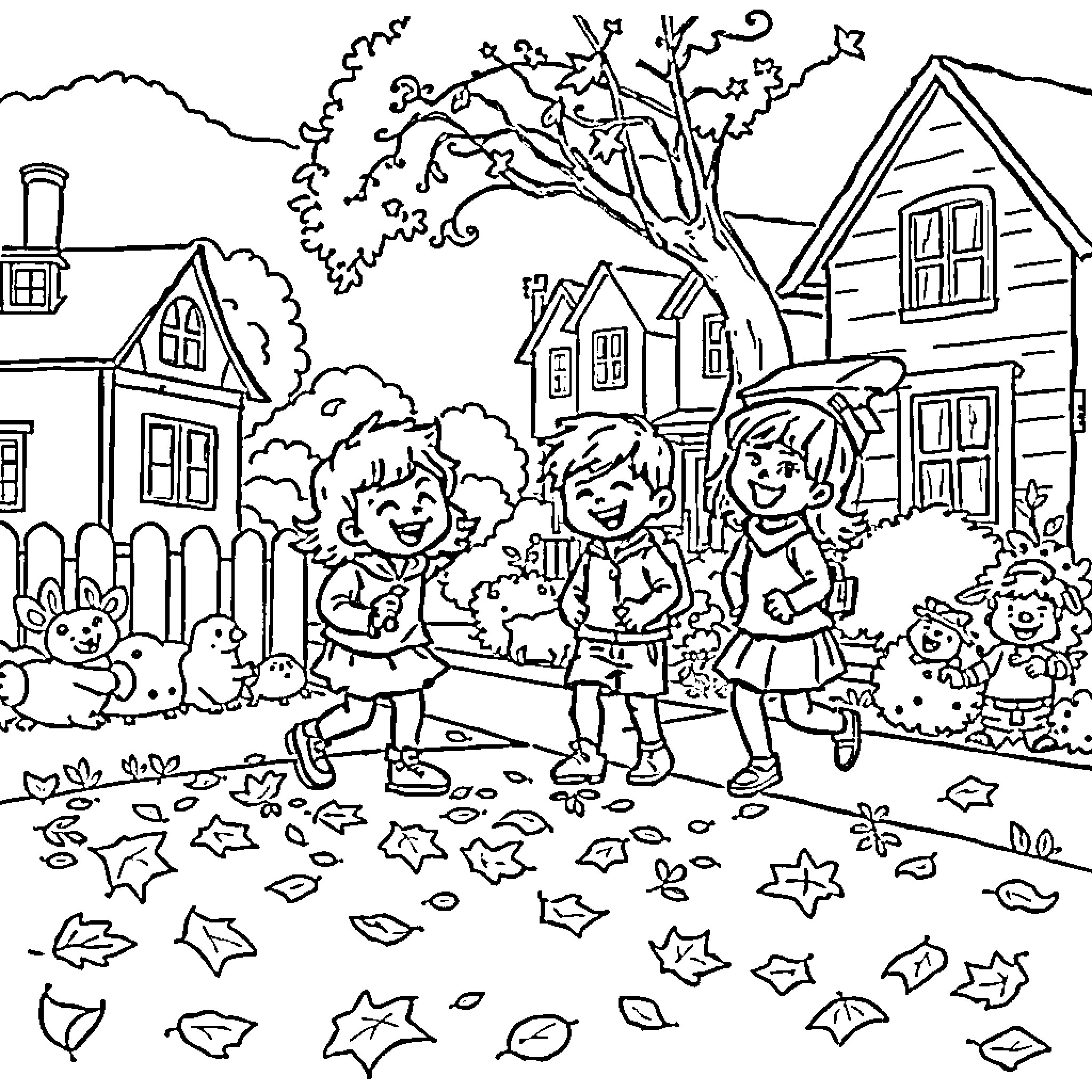 Leaf children playing in the neighborhood Coloring Page (free black-and-white line drawing printable PDF for all, from beginners to advanced learners, including children, teens, adults, and seniors)