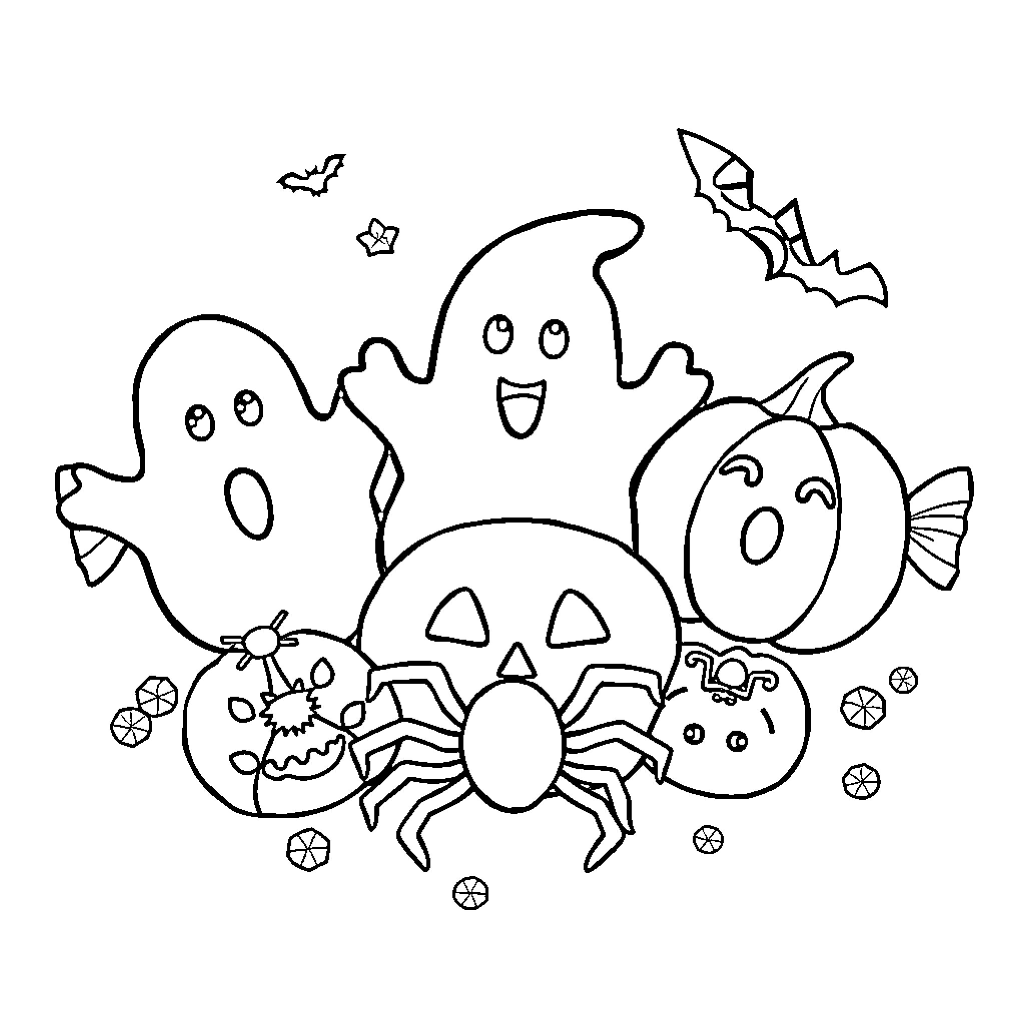 Candy Halloween Creatures in Spooky Scene Coloring Page (free black-and-white line drawing printable PDF for all, from beginners to advanced learners, including children, teens, adults, and seniors)