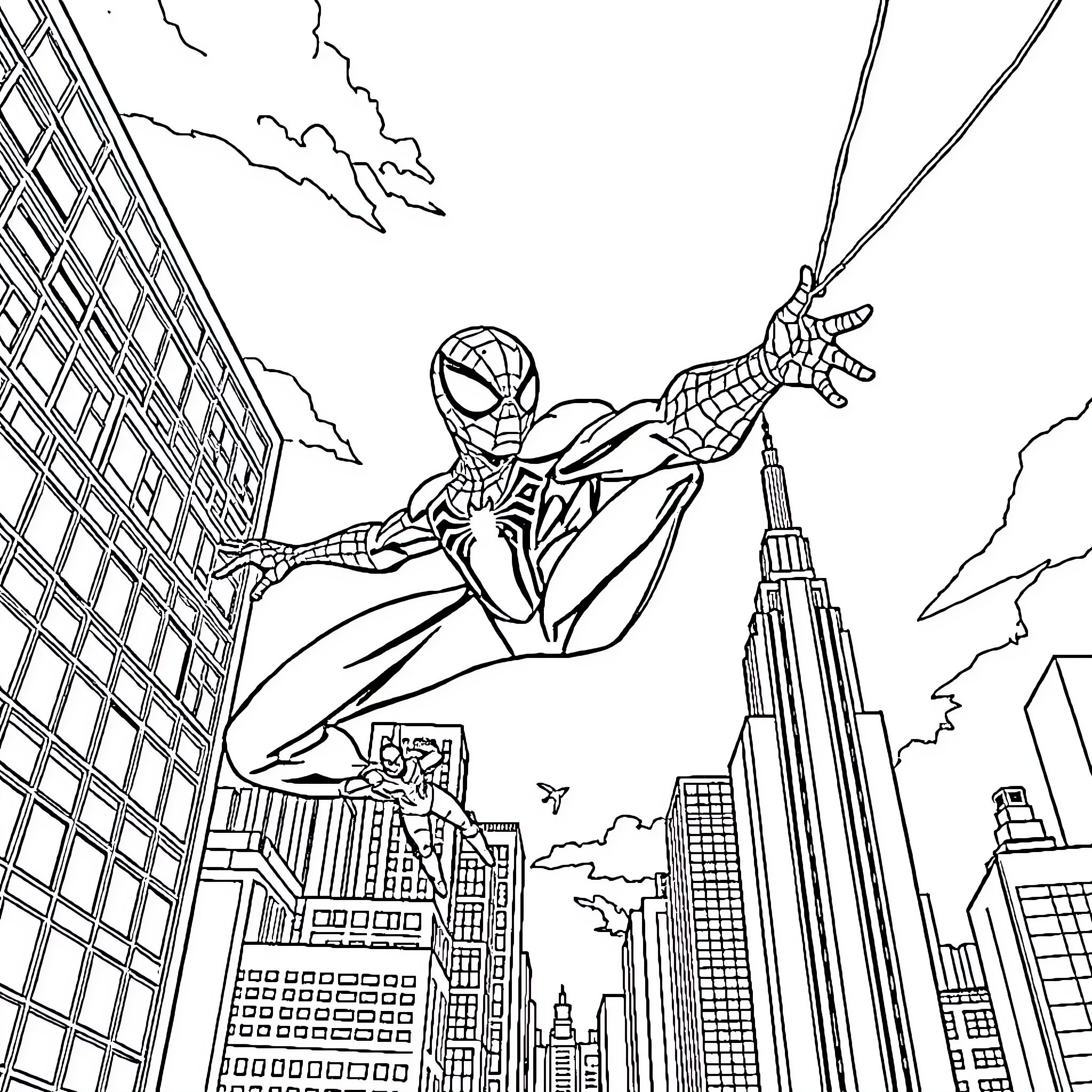Spiderman swinging through the city skyline Coloring Page (free black-and-white line drawing printable PDF for all, from beginners to advanced learners, including children, teens, adults, and seniors)