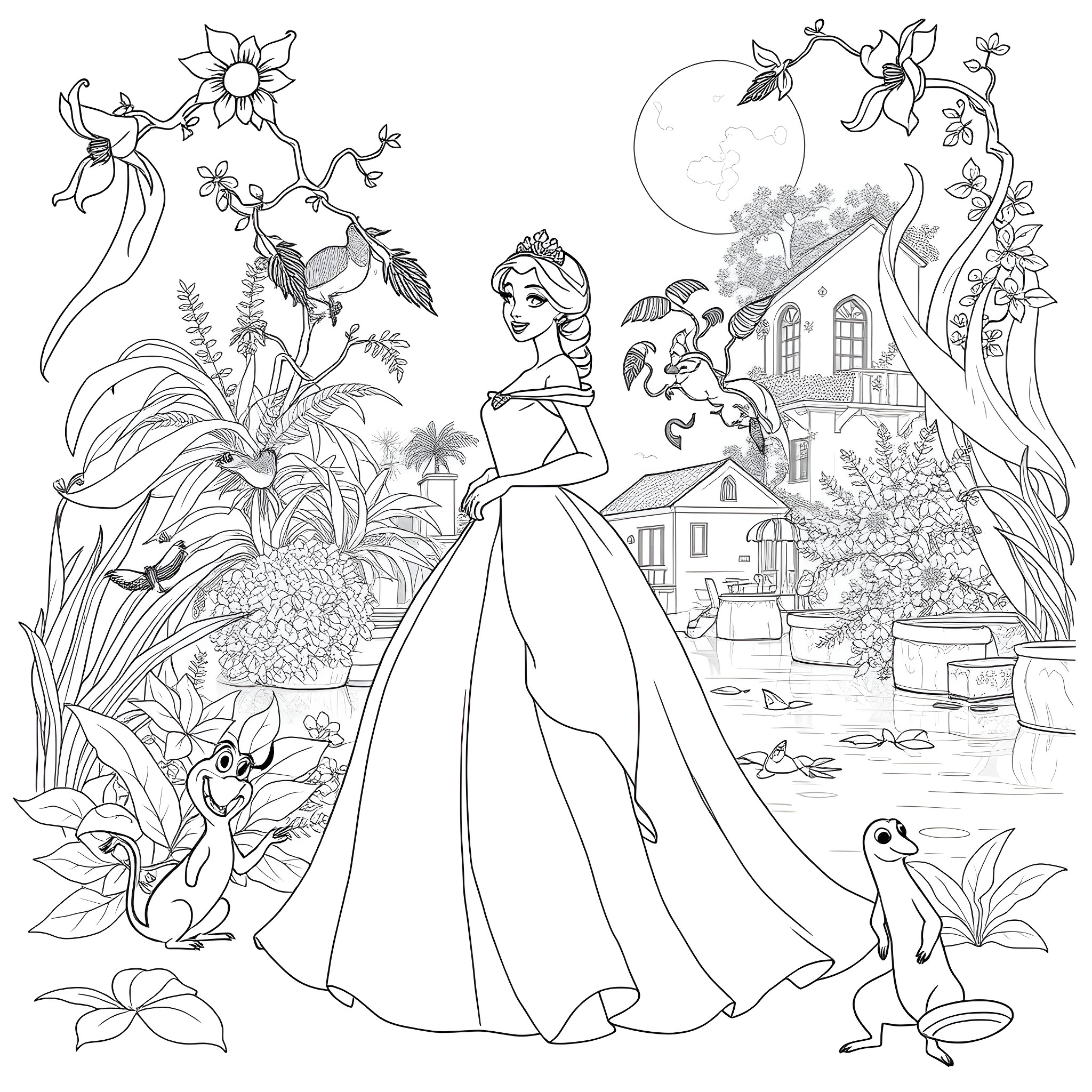 Tiana exploring the enchanting fairy-tale world Coloring Page (free black-and-white line drawing printable PDF for all, from beginners to advanced learners, including children, teens, adults, and seniors)