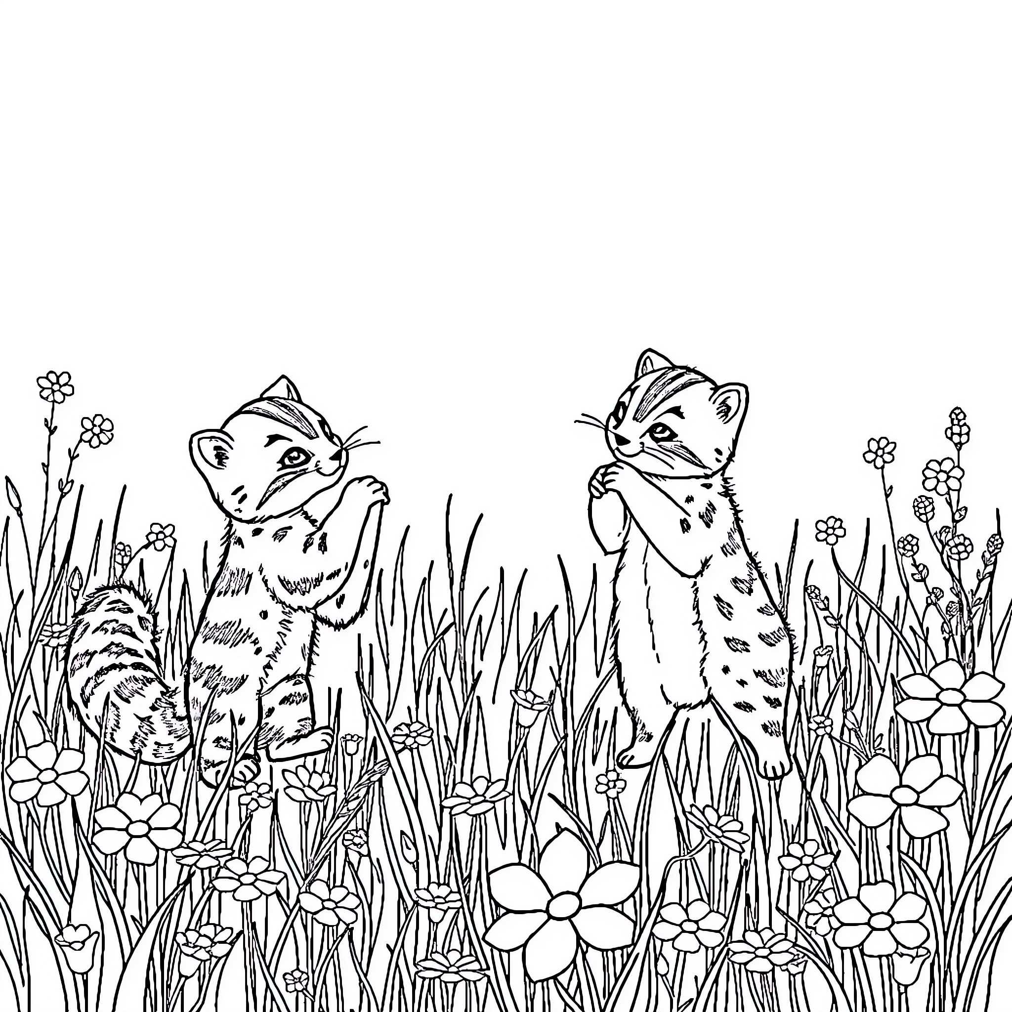 Kittens Exploring Floral Garden Coloring Page (free black-and-white line drawing printable PDF for all, from beginners to advanced learners, including children, teens, adults, and seniors)